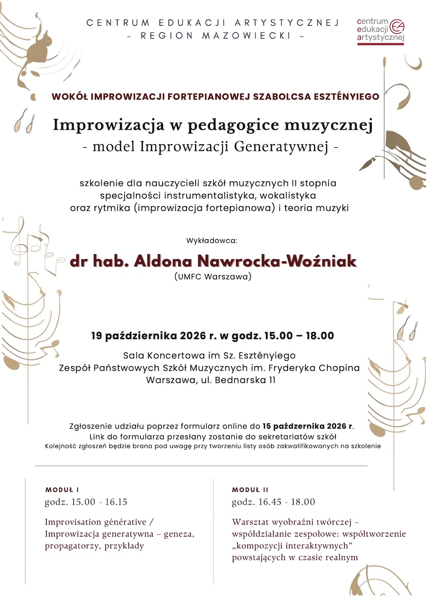 Afisz szkolenia - Improwizacja w pedagogice muzycznej - dr. hab. Aldona Nawrocka-Woźniak, 19.10.2026