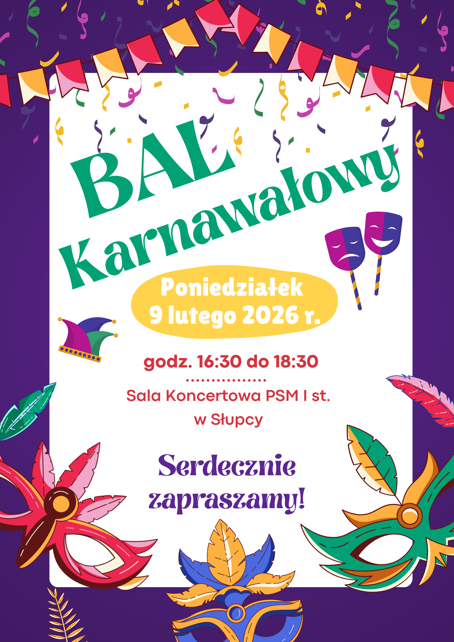 informacje o balu karnawałowym, wokół grafiki ozdób wykorzystywanych do tworzenia stroju karnawałowego, białe tło z fioletową ramką