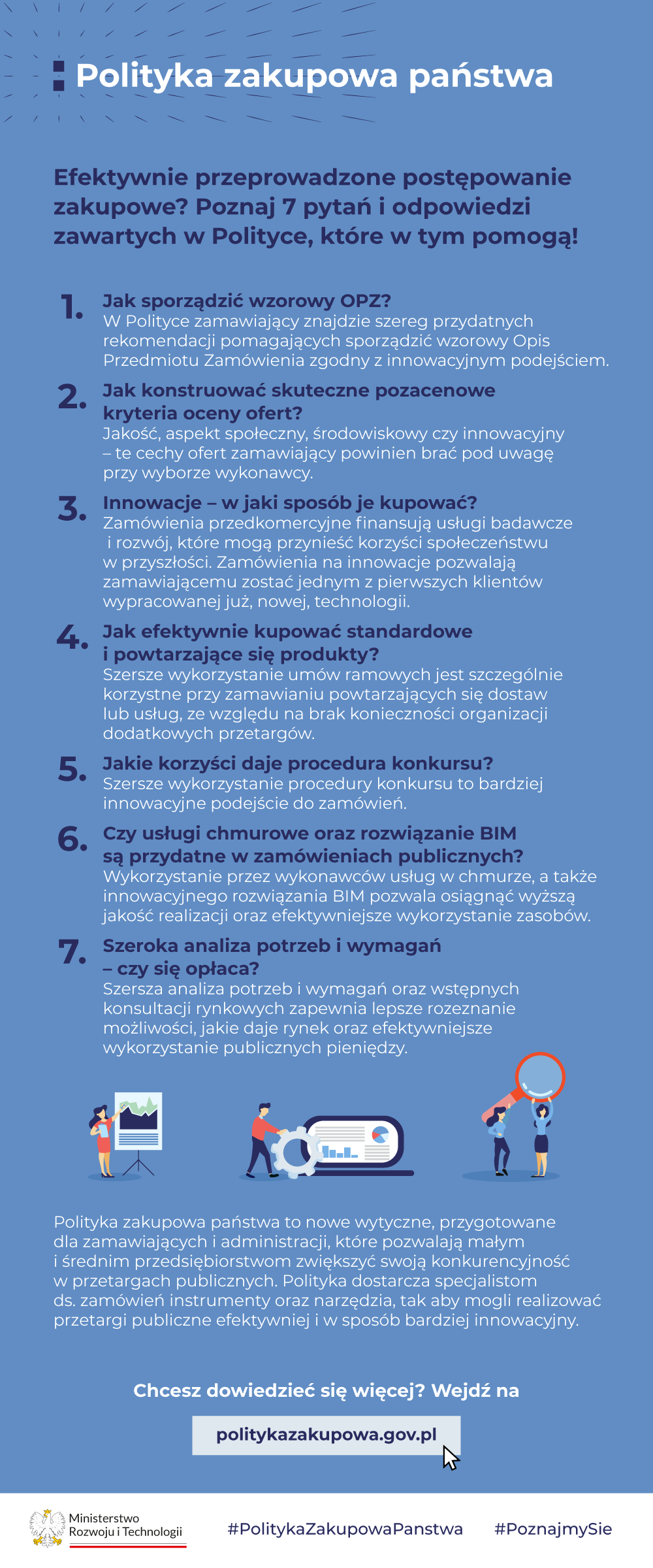 Polityka zakupowa państwa. Efektywnie przeprowadzone postępowanie zakupowe? Poznaj 7 pytań i odpowiedzi zawartych w Polityce, które w tym pomogą! 1. Jak sporządzić wzorcowy OPZ? W Polityce zamawiający znajdzie szereg przydatnych rekomendacji pomagających sporządzić wzorcowy Opis Przedmiotu Zamówienia zgodny z innowacyjnym podejściem. 2. Jak konstruować skuteczne pozacenowe kryteria oceny ofert? Jakość, aspekt społeczny, środowiskowy czy innowacyjny - te cechy ofert zamawiający powinien brać pod uwagę przy wyborze wykonawcy. 3. Innowacje - w jaki sposób je kupować? Zamówienia przedkomercyjne finansują usługi badawcze i rozwój, które mogą przynieść korzyści społeczeństwu w przyszłości. Zamówienia na innowacje pozwalają zamawiającemu zostać jednym z pierwszych klientów wypracowanej już, nowej, technologii. 4. Jak efektywnie kupować standardowe i powtarzające się produkty? Szersze wykorzystanie umów ramowych jest szczególnie korzystne przy zamawianiu powtarzających się dostaw lub usług, ze względu na brak konieczności organizacji dodatkowych przetargów. 5. Jakie korzyści daje procedura konkursu? Szersze wykorzystanie procedury konkursu to bardziej innowacyjne podejście do zamówień. 6. Czy usługi chmurowe oraz rozwiązanie BIM są przydatne w zamówieniach publicznych? Wykorzystanie przez wykonawców usług w chmurze, a także innowacyjnego rozwiązania BIM pozwala osiągnąć wyższą jakość realizacji oraz efektywniejsze wykorzystanie zasobów. 7. Szeroka analiza potrzeb i wymagań - czy się opłaca? Szersza analiza potrzeb i wymagań oraz wstępnych konsultacji rynkowych zapewnia lepsze rozeznanie możliwości, jakie daje rynek oraz efektywniejsze wykorzystanie publicznych pieniędzy. Chcesz dowiedzieć się więcej? Wejdź na politykazakupowa.gov.pl #PolitykaZakupowa Panstwa #PoznajmySie