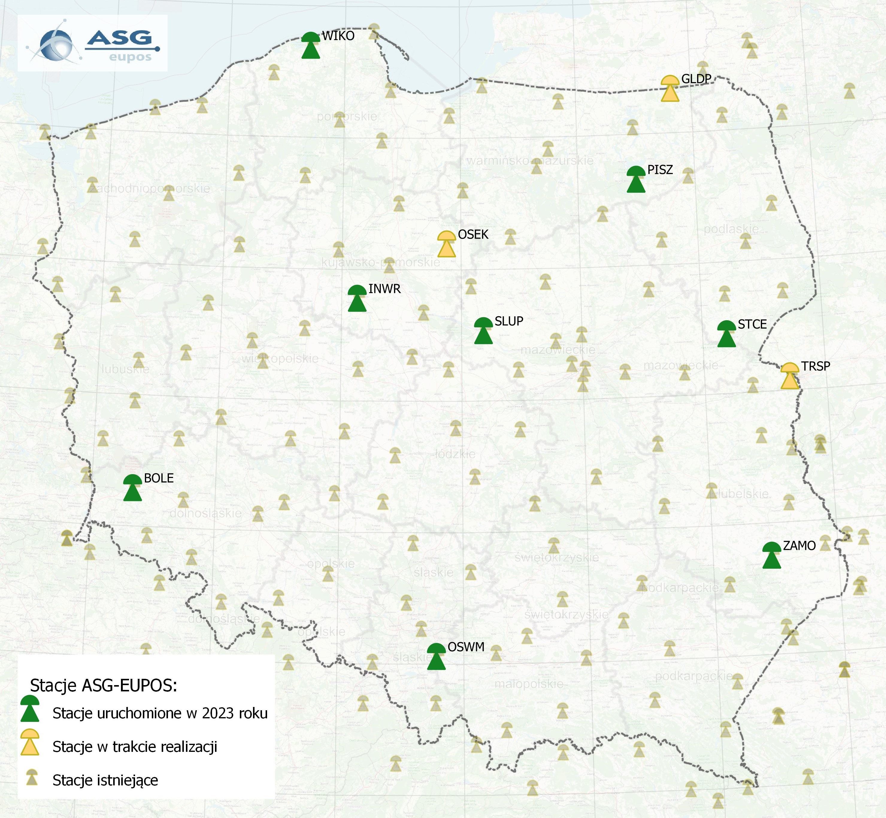 Mapa przedstawiajaca rozmieszczenie nowych stacji ASG-EUPOS 