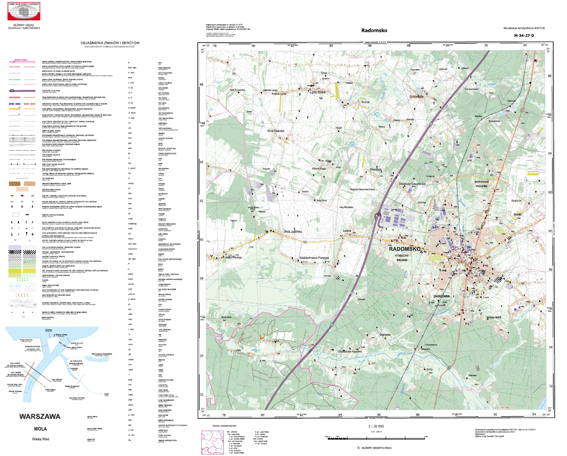 Ilustracja przedstawia przykładową wizualizację kartograficzną BDOT10k w skali 1:50000 dla m. Radomsko