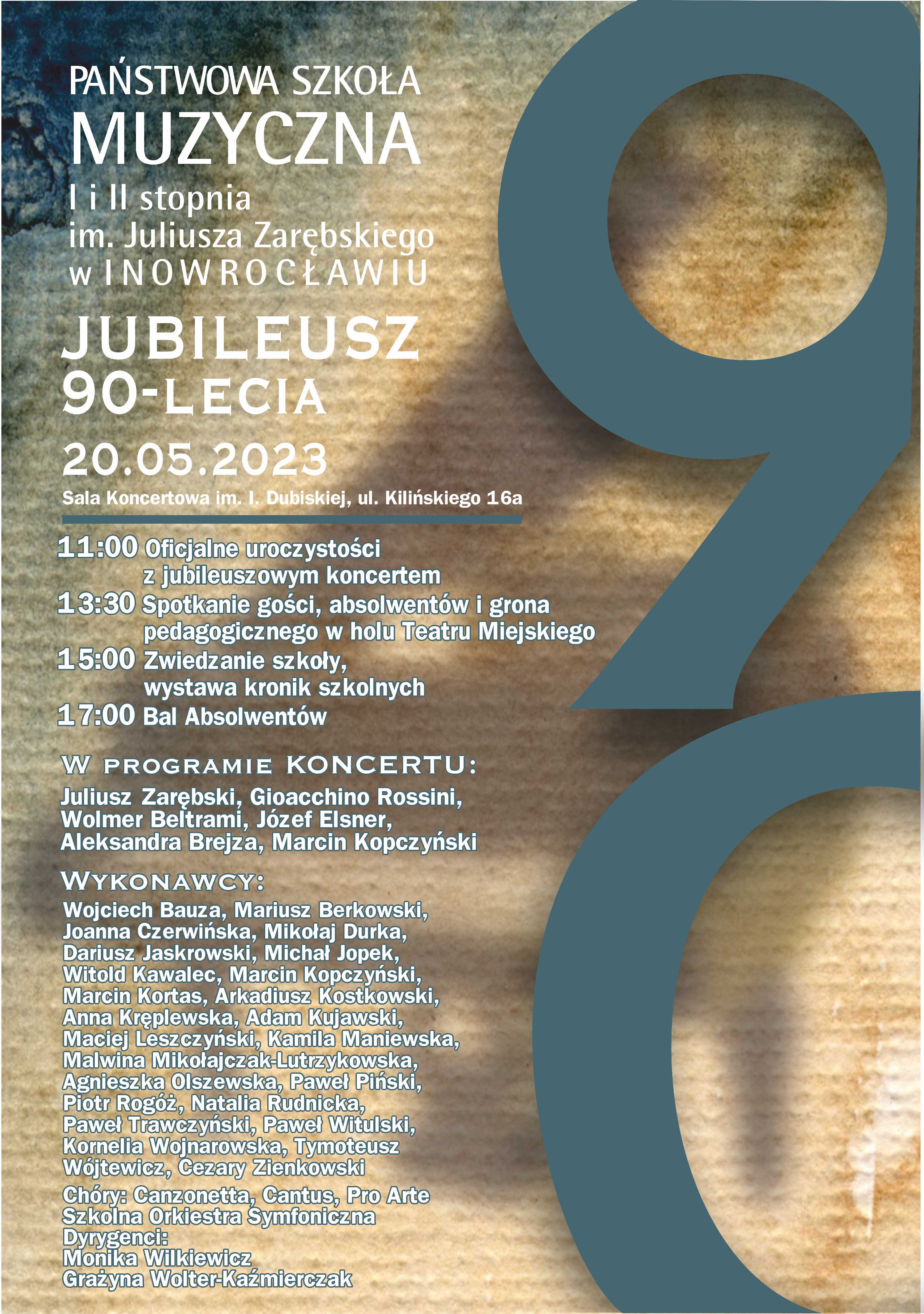Plakat 90 lecia Szkoły muzycznej z harmonogramem wydarzenia