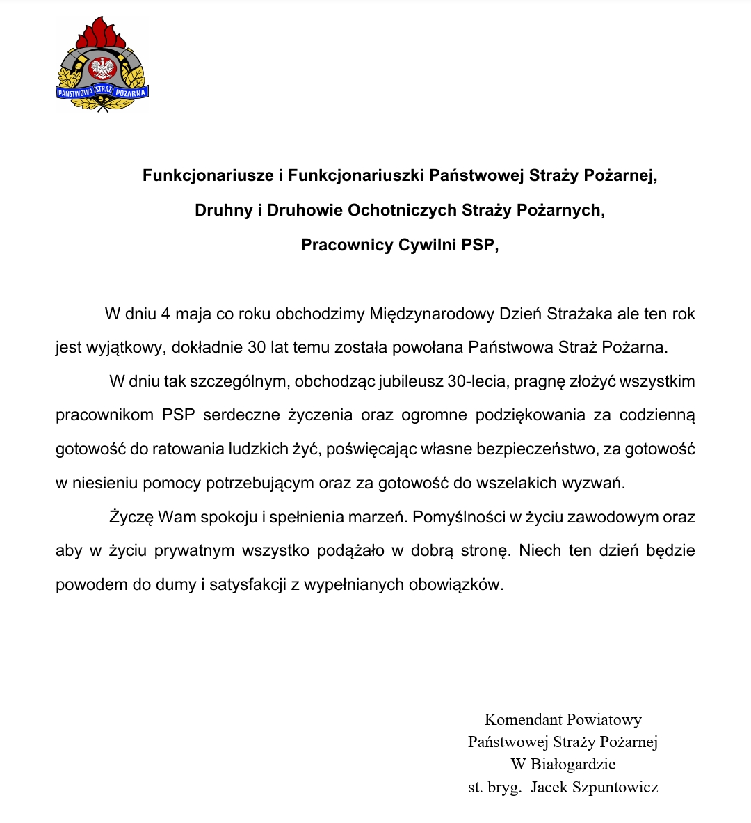 Życzenia Komendanta Powiatowego Państwowej Straży Pożarnej w Białogardzie st. bryg. Jacka Szpuntowicza