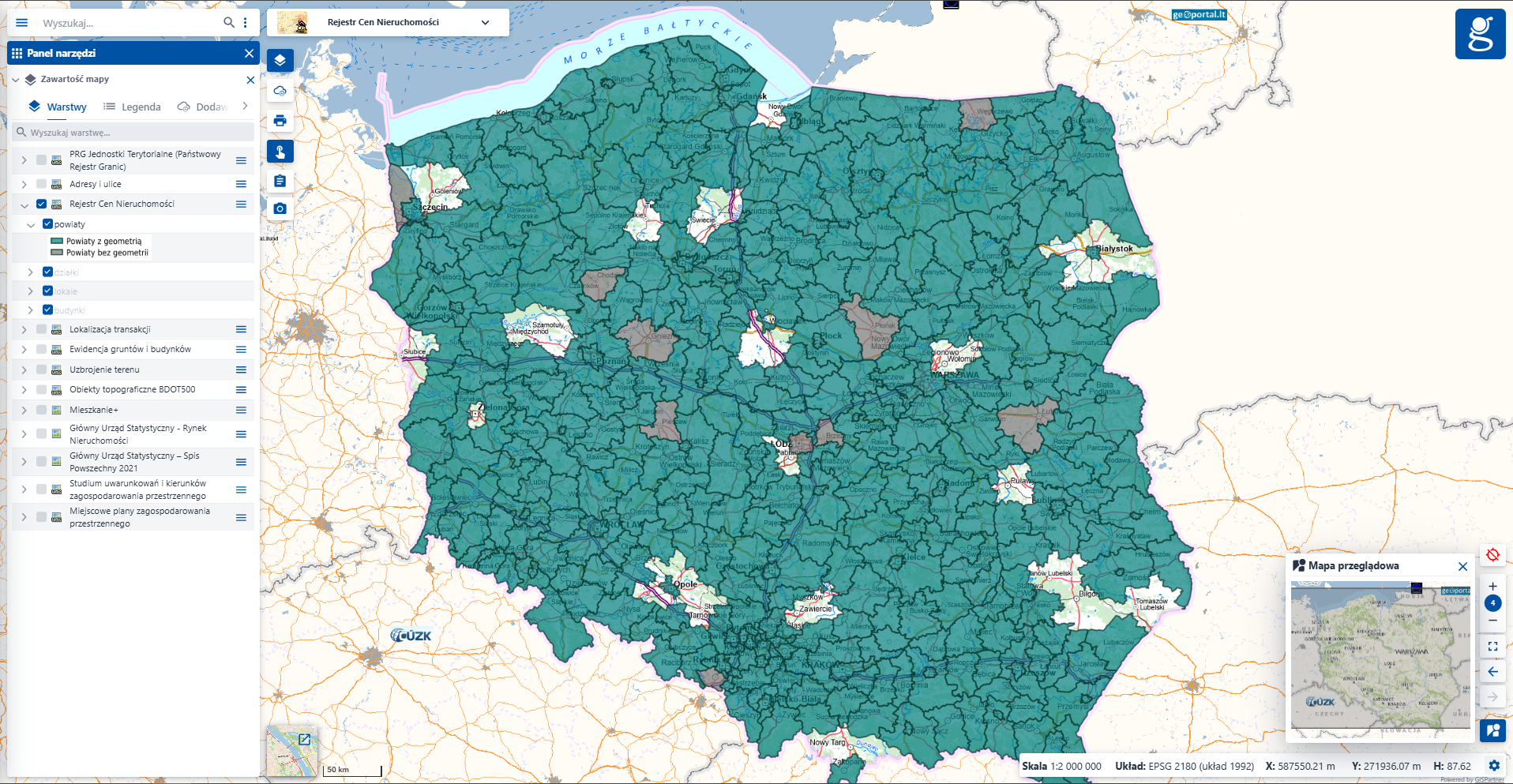 zrzut z serwisu www.geoportal.gov.pl przedstawiający możliwość przeglądania RCN bezpośrednio w serwisie www.geoportal.gov.pl