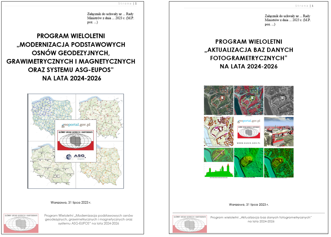 Ilustracja przedstawia strony tytułowe programów wieloletnich "Modernizacja podstawowych osnów geodezyjnych, grawimetrycznych i magnetycznych oraz systemu ASG-EUPOS" na lata 2024-2026 oraz "Aktualizacja baz danych fotogrametrycznych" na lata 2024-2026