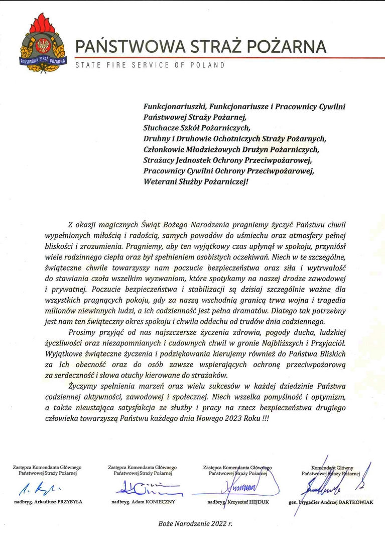 Życzenia świąteczne Komendanta Głównego PSP