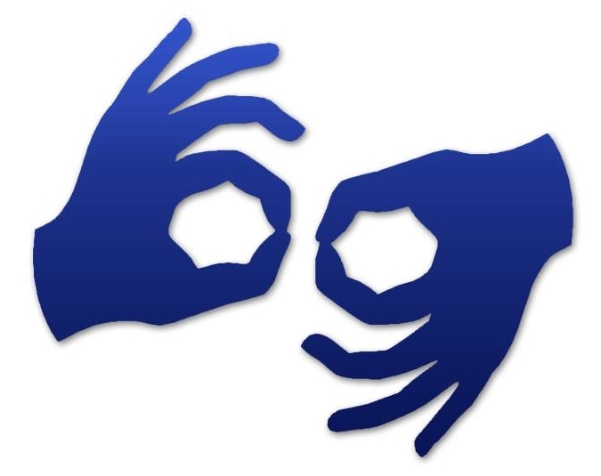 Obrazek dwóch niebieskich dłoni, symbolizują język migowy