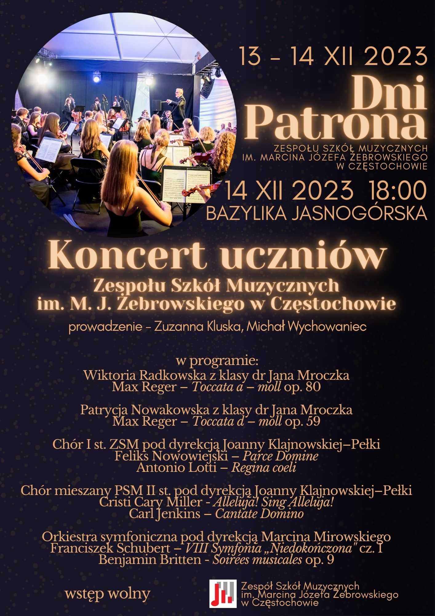Czarne tło, w lewym górnym rogu zdjęcie orkiestry symfonicznej, informacje dotyczące koncertu uczniów ZSM w Bazylice Jasnogórskiej 14.12.2023 roku
