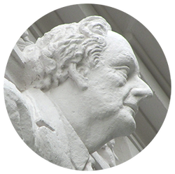 Grafika przedstawia popiersie Feliksa Nowowiejskiego z fasady wschodniej Pałacu Velthusena w Szczecinie