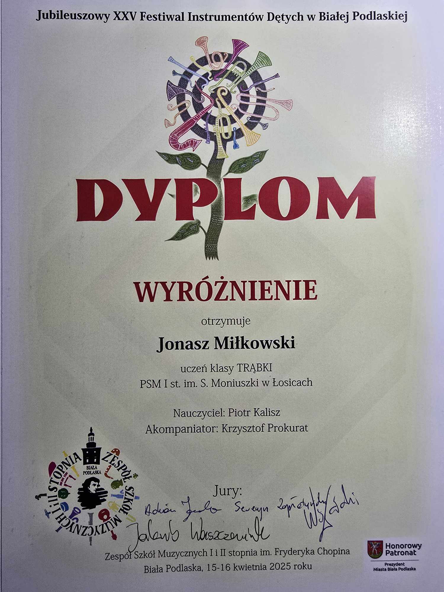 Jonasz Miłkowski - Wyróżnienie, XXV Festiwal Instrumentów Dętych w Białej Podlaskiej, Biała Podlaska, 15-16 kwietnia 2025 r.