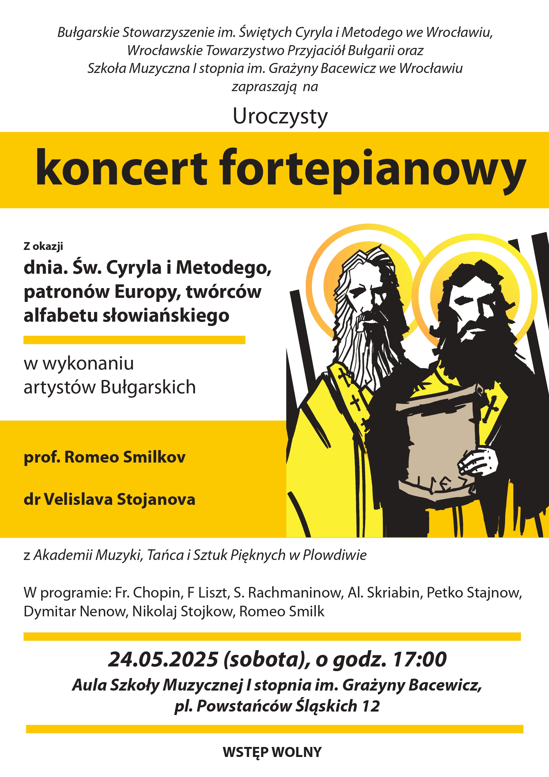 Plakat informujący o koncercie fortepianowym o koncercie fortepianowym z dnia św. Cyryla i Metodego.