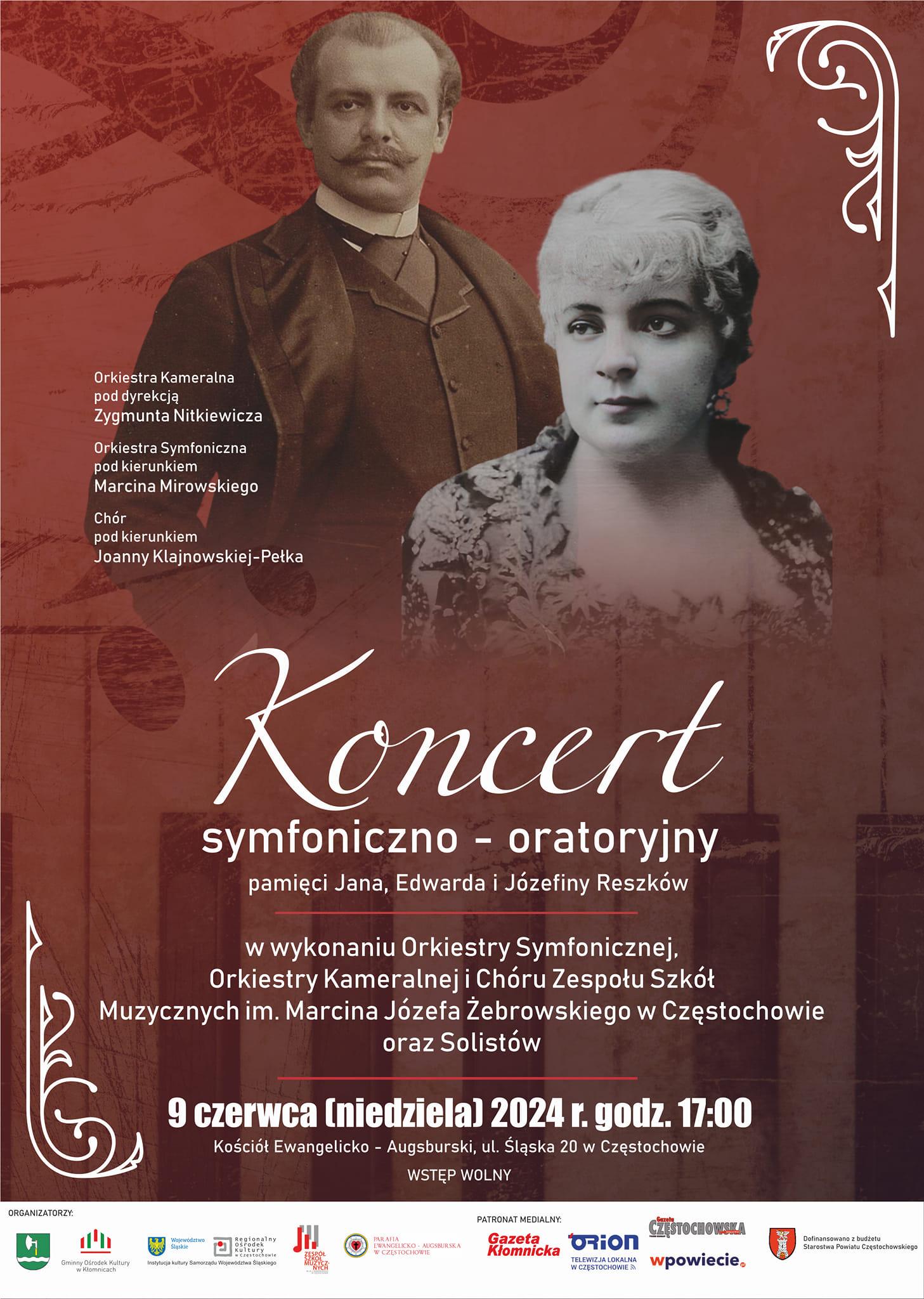 Informacje dotyczące koncertu symfonicznego w kościele ewangelicko - augsburskiego, brązowe tło, 