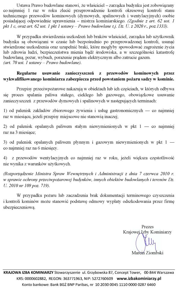 Komunikat Prezesa Krajowa Izba Kominiarzy do właścicieli i zarządców budynków związku z rozpoczęciem sezonu grzewczego 2021-2022. 
