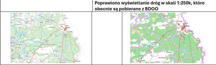 Ilustracja przedstawia sposób poprawionego wyświetlania dróg w skali 1:250k, które obecnie są pobierane z BDOO i sposób wyświetlania dróg w skali 1:250k, które obecnie są pobierane z BDOO przed poprawą