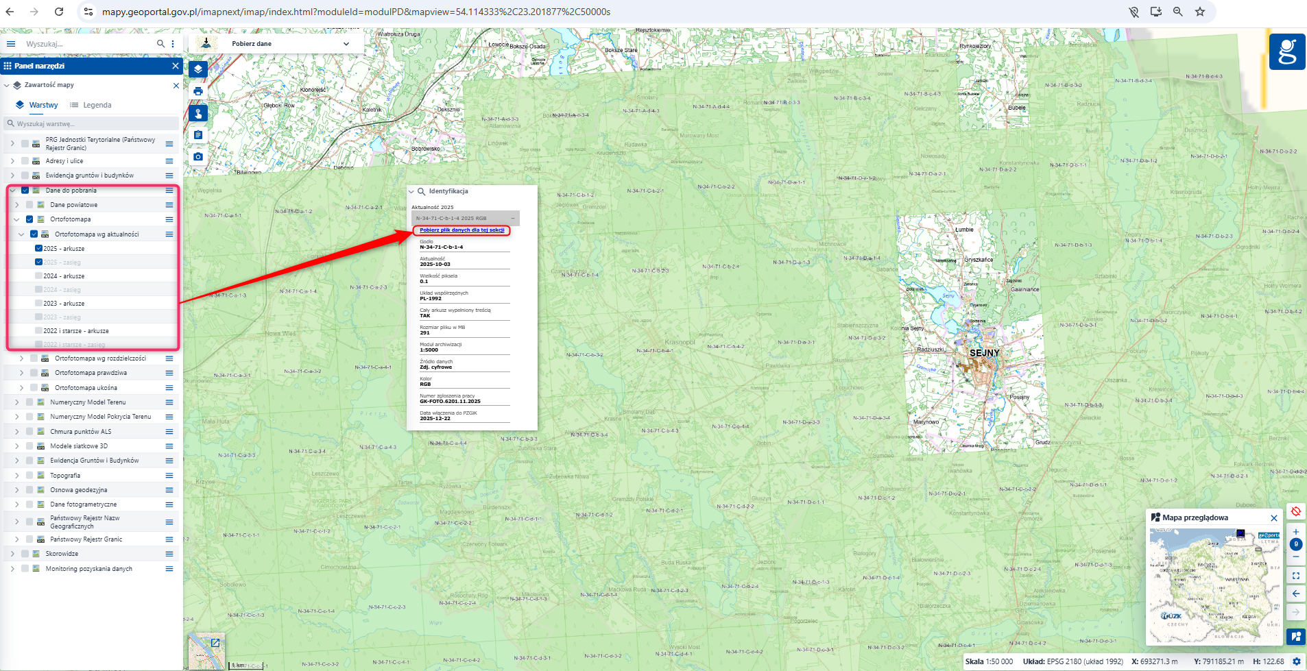 Ilustracja przedstawia zrzut ekranu w jaki sposób pobrać arkusze ortofotomapy z geoportal.gov.pl