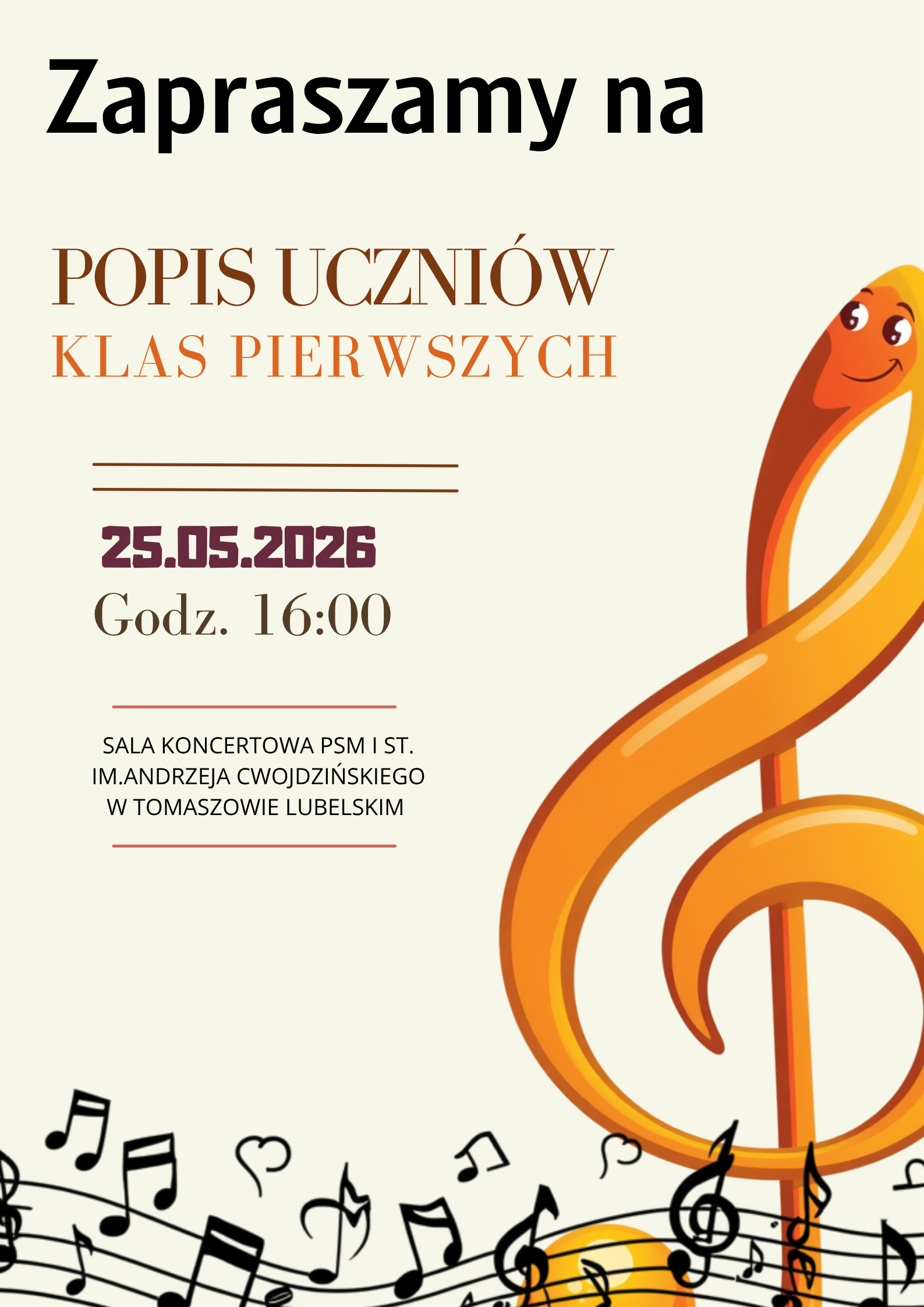 plakat muzyczny na jasnym tle zawiera z prawej strony uśmiechnięty duży klucz wiolinowy w kolorze złotym, po lewej napisy dotyczące wydarzenia oraz na dole falującą pięciolinię z nutkami i serduszkami