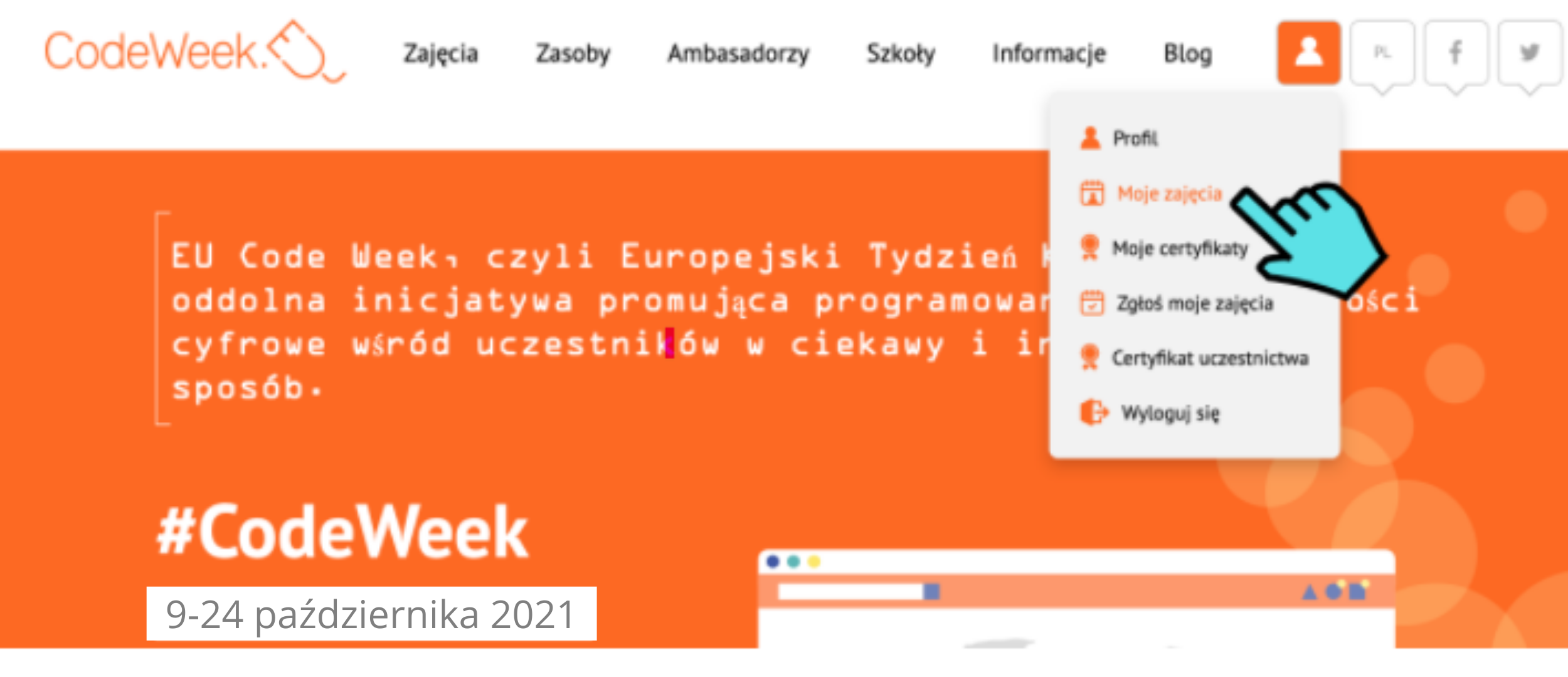 Grafika przedstawia stronę startową codeweek.eu z rozwiniętym menu opcji. Niebieski symbol kursora myszy wskazuje na zakładkę “Moje zajęcia”, która jest podświetlona na pomarańczowo.
