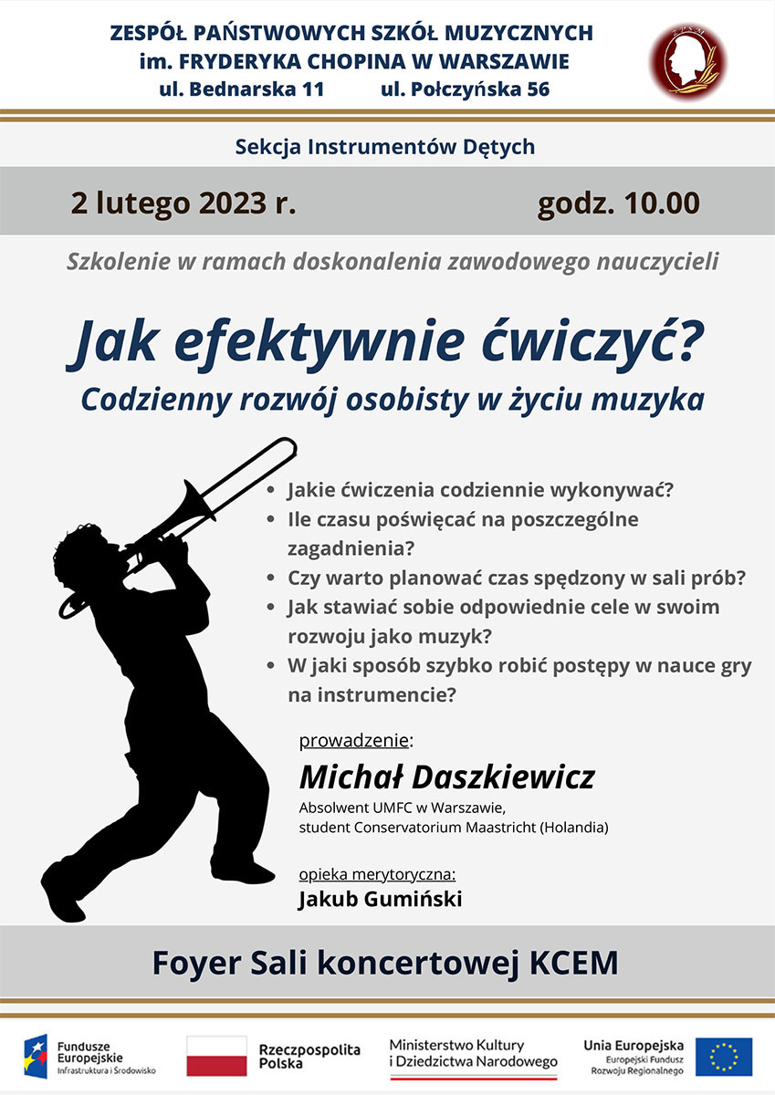 Grafika - Szkolenie "Jak efektywnie ćwiczyć - codzienny rozwój osobisty w życiu muzyka", 2.02.2023, godz. 10.00, Scena Foyer