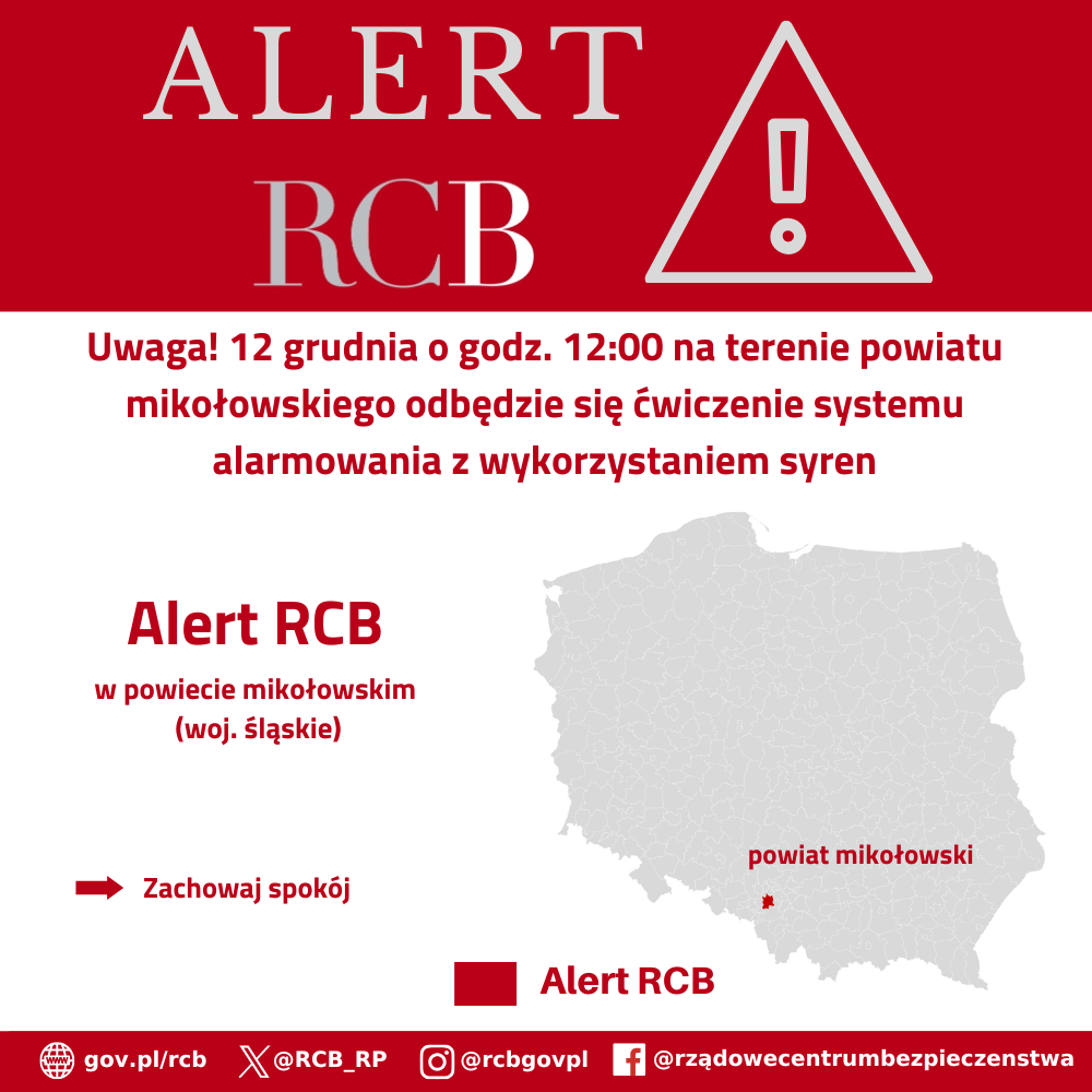 Alert RCB o treści: "Uwaga! 12 grudnia o godz. 12:00 na terenie powiatu mikołowskiego odbędzie się ćwiczenie systemy alarmowania z wykorzystaniem syren" wysłany na terenie powiatu mikołowskiego.