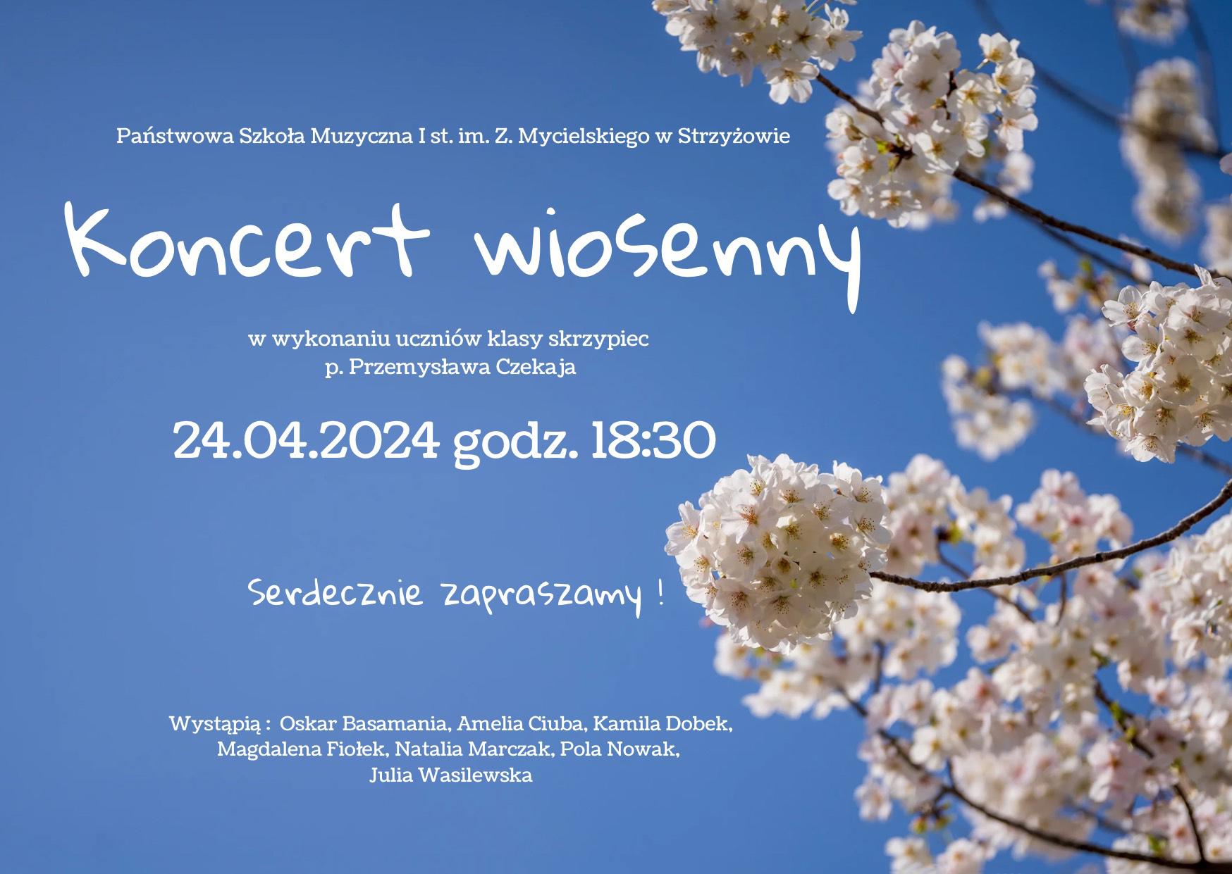 Plakat w orientacji poziomej, którego tło stanowi zdjęcie wiosennych kwiatów na tle jasnego, bezchmurnego nieba. Z lewej strony umieszczono napisy informujące o koncercie.