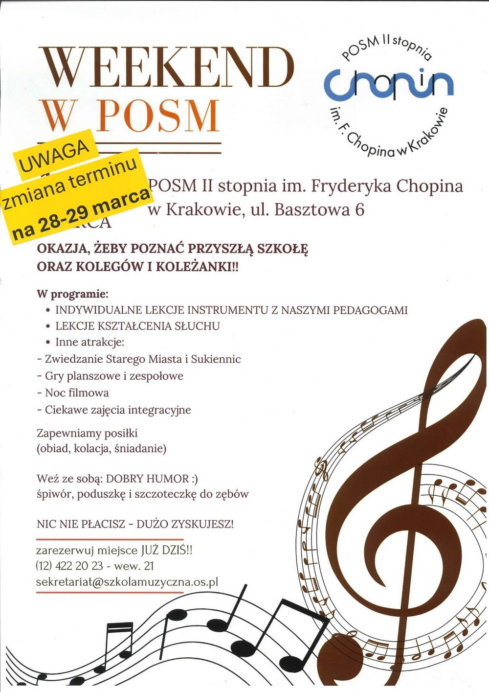 Plakat, jasne tło, grafika pięciolinii z nutami; tekst: Weekend w POSM, okazja, żeby poznać przyszłą szkołę oraz kolegów i koleżanki, 28-29 marca 2026 r.