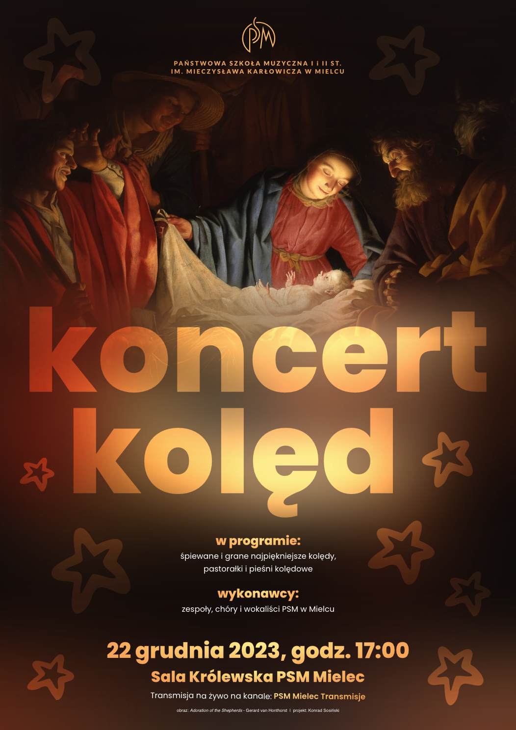 plakat koncertu kolęd 2023, który odbędzie się 22 grudnia, o godzinie 17:00 w sali królewskiej PSM w Mielcu