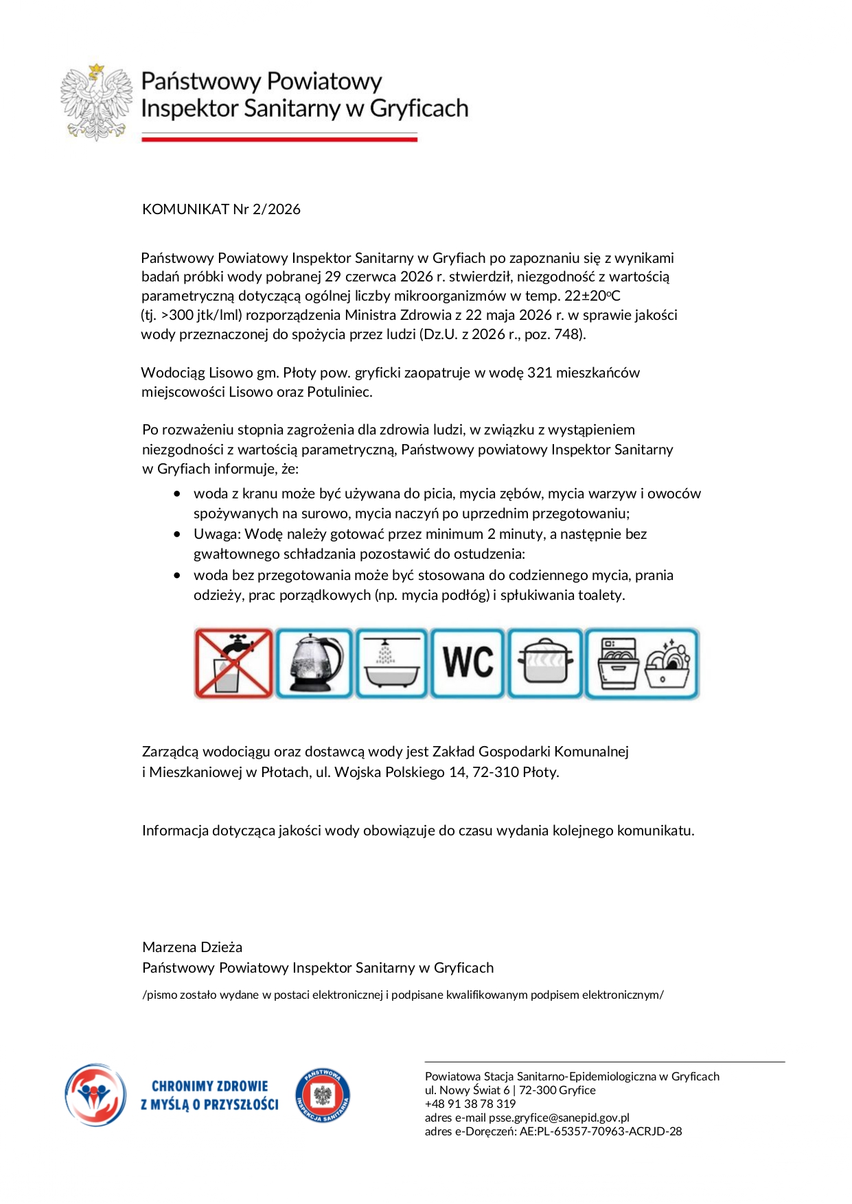 Komunikat PPIS w Gryficach nr 2/2026 o warunkowej przydatności do spożycia wody z wodociągu Lisowo. Woda przeznaczona do picia i przygotowywania żywności wymaga przegotowania przez co najmniej 2 minuty. Komunikat dotyczy mieszkańców miejscowości Lisowo i Potuliniec.
