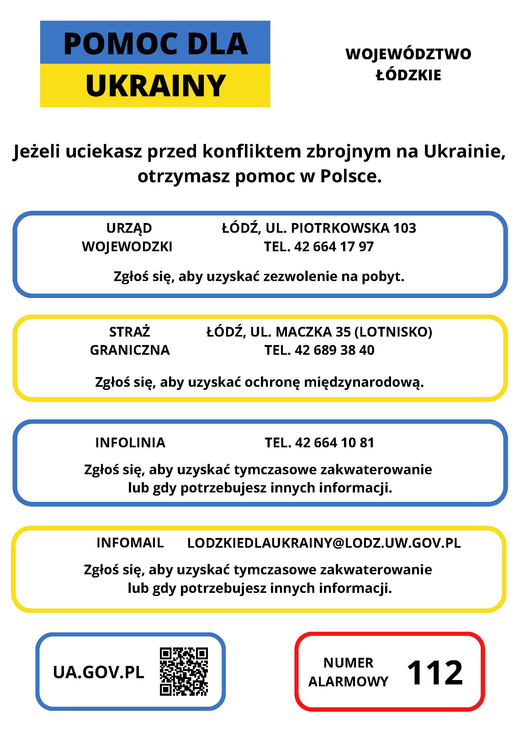 grafika z napisami w języku polskim zawierająca dane urzędu wojewódzkiego, straży granicznej i infolinii