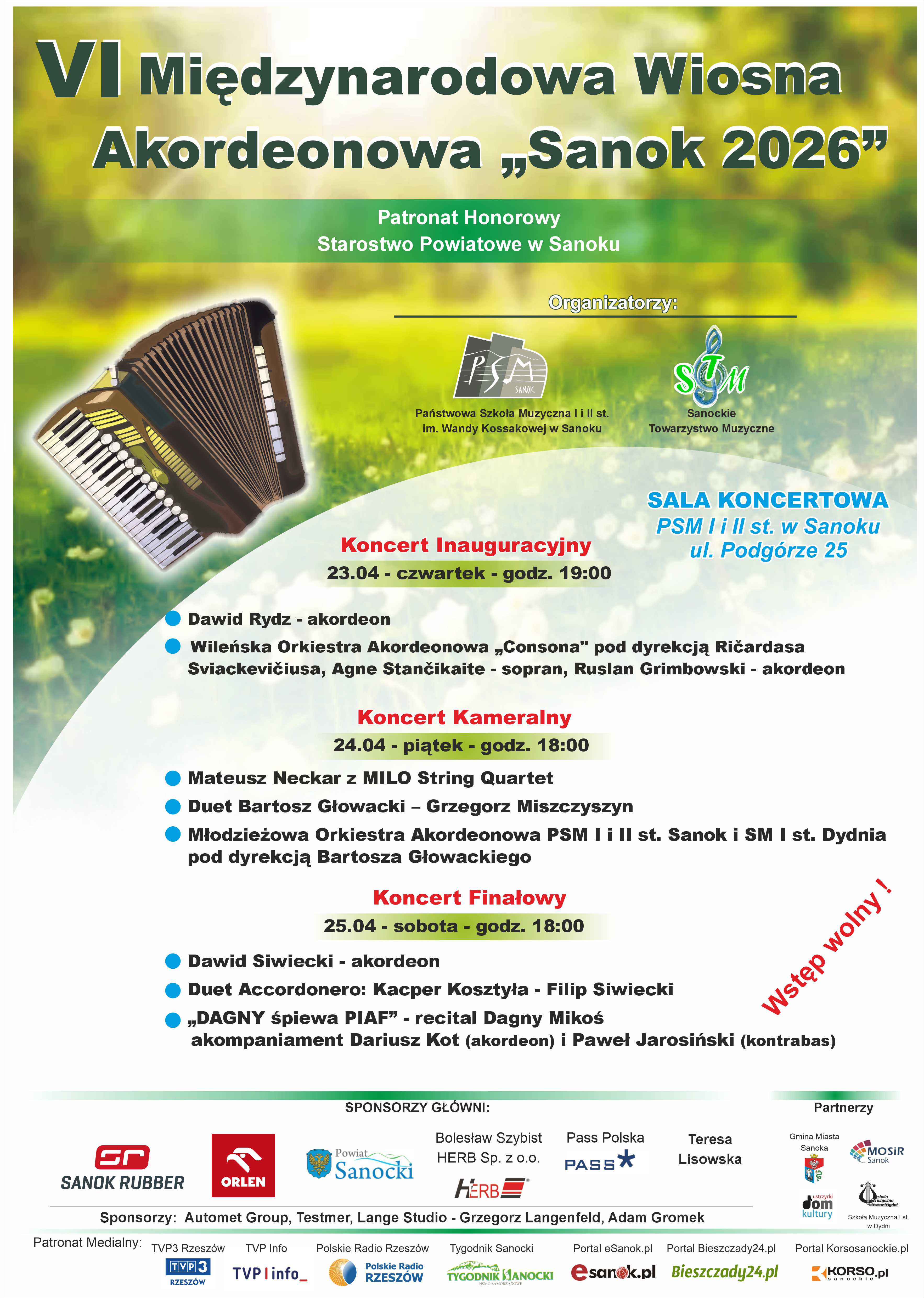 Plakat Międzynarodowa Wiosna Akordeonowa Sanok 2026. W tle akordeon i wiosenne kolory. Na dole strony loga sponsorów imprezy.
