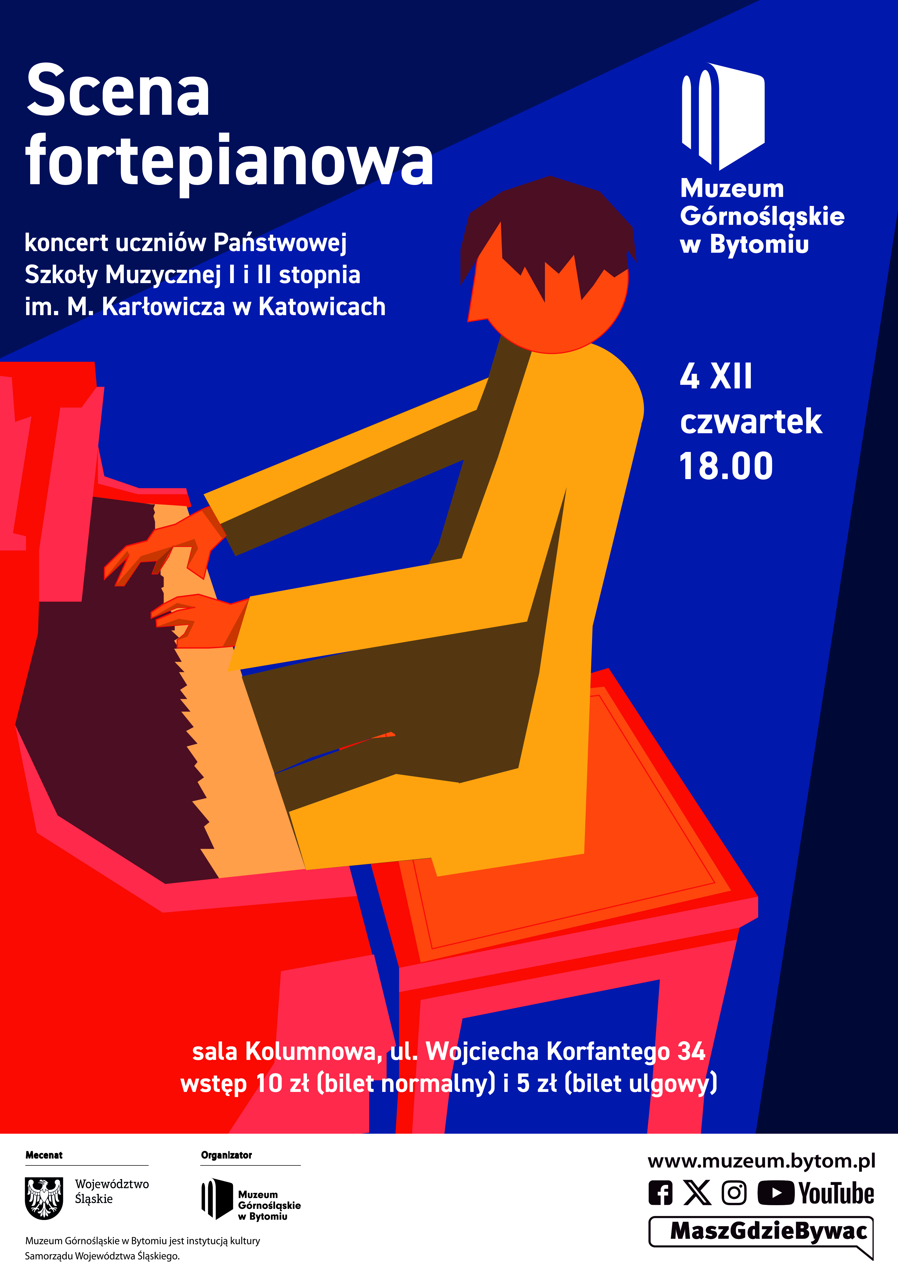 Plakat informujący o koncercie „Scena fortepianowa” – występ uczniów Państwowej Szkoły Muzycznej I i II stopnia im. Mieczysława Karłowicza w Katowicach, 4 grudnia o godz. 18.00 w Muzeum Górnośląskim w Bytomiu.