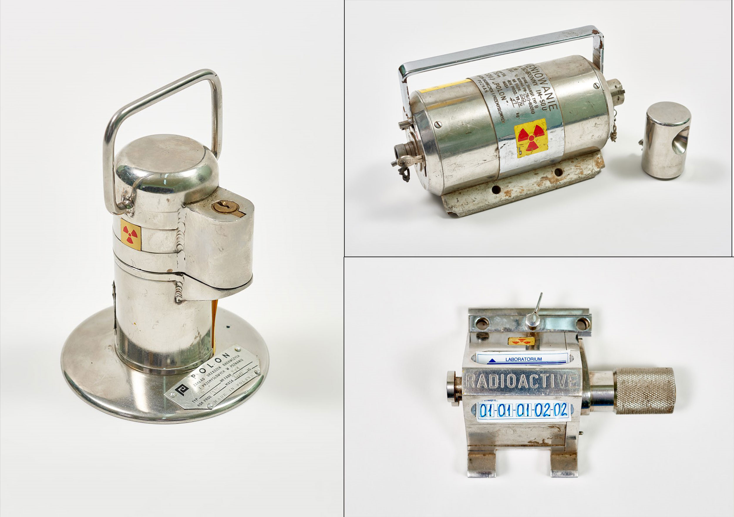 Zdjęcie ilustruje przykładowe opakowania źródeł promieniotwórczych