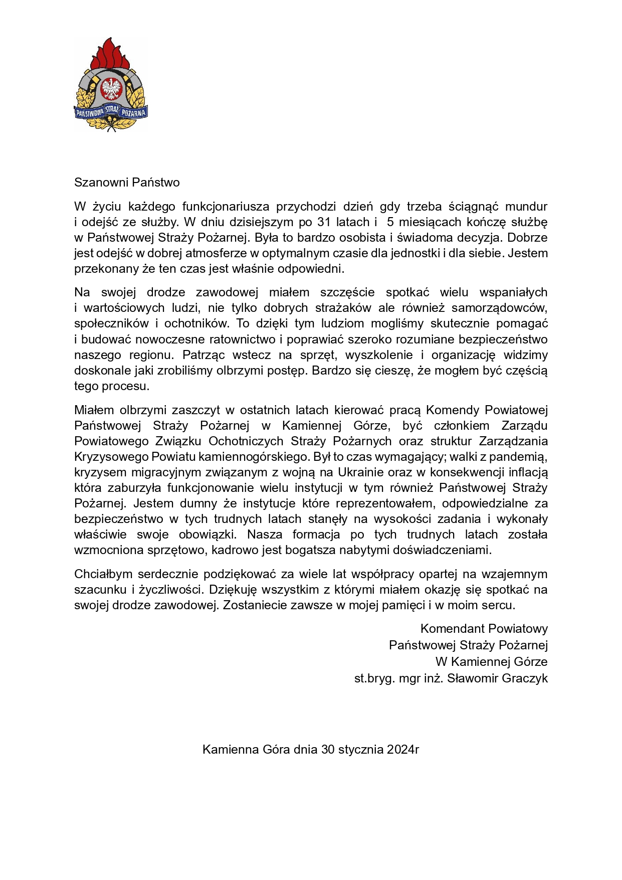 Podziękowania Komendanta Powiatowego PSP