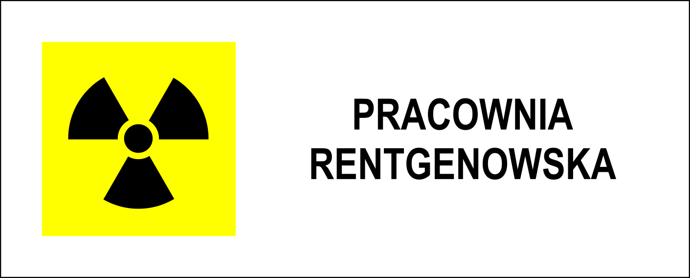 Ilustracja przedstawia wzór tablicy informacyjnej dla Pracowni rentgenowskiej. Na tablicy z lewej symbol promieniowania (tzw. koniczynka) w kolorze czarnym na żółtym tle. Z prawej strony napis "Pracownia rentgenowska".
