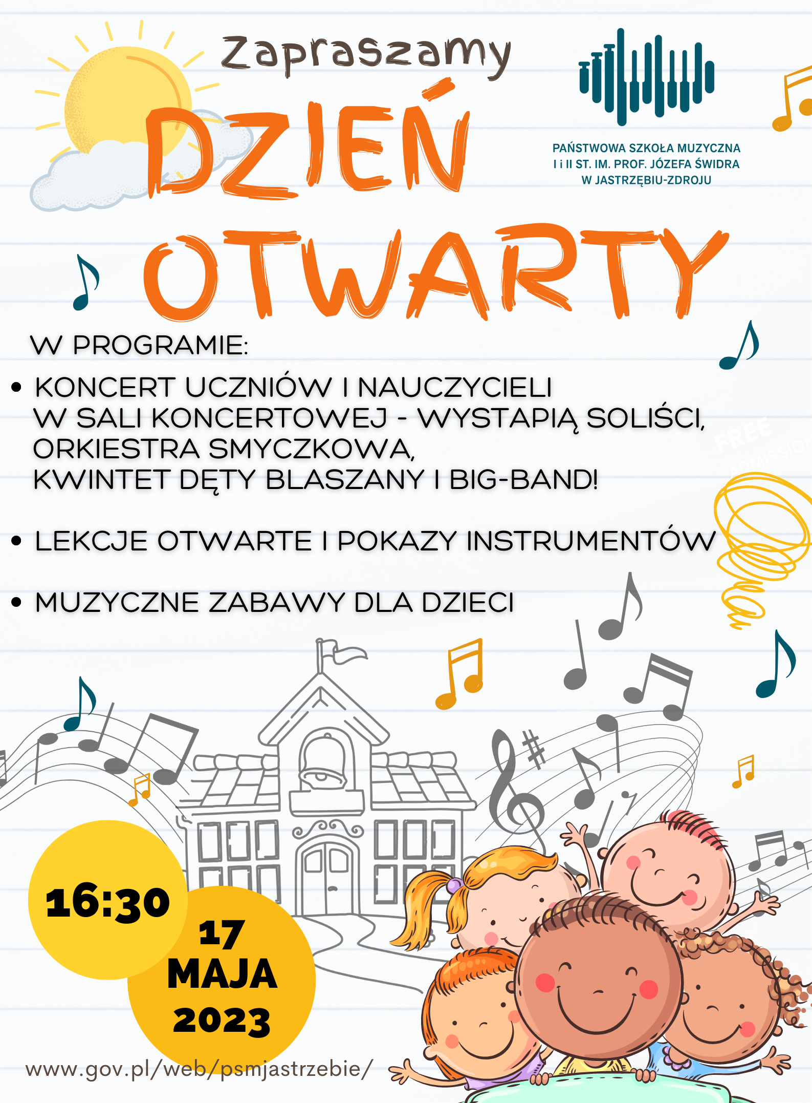 Plakat na dzień otwartych drzwi w Szkole Muzycznej w Jastrzębiu-Zdroju, który odbędzie się 17 maja 2023 w Szkole Muzycznej w Jastrzębiu-Zdroju. Wstęp Wolny. 