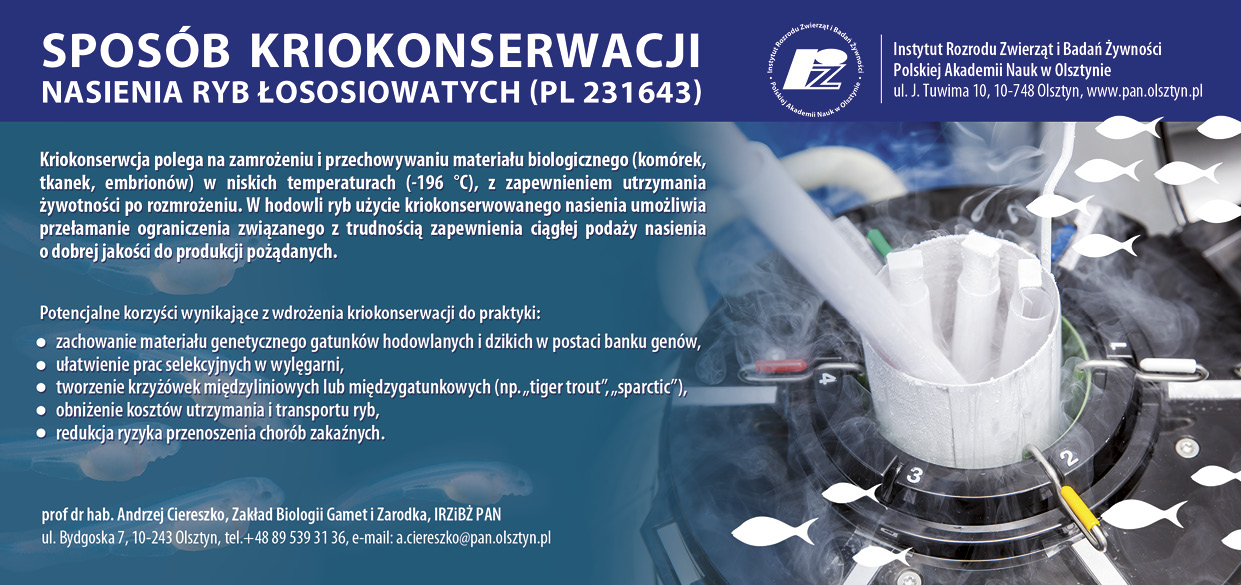 Do wymiernych osiągnięć aplikacyjnych projektu należy także zaliczyć, omówione wyżej, założenie banku kriokonserwowanego
nasienia linii ryb łososiowatych utrzymywanych w Wylęgarni Ryb „Dąbie” oraz rozpoczęcie wykorzystywania zamrożonego nasienia do prac
hodowlanych Wylęgarni. Opracowana metoda może być także przydatna dla innych gospodarstw rybackich oraz w działaniach ukierunkowanych na
stworzenie banków genów zagrożonych gatunków i populacji ryb. Główne założenia metody zostały zaprezentowane na specjalistycznych
konferencjach szerokiej grupie odbiorców