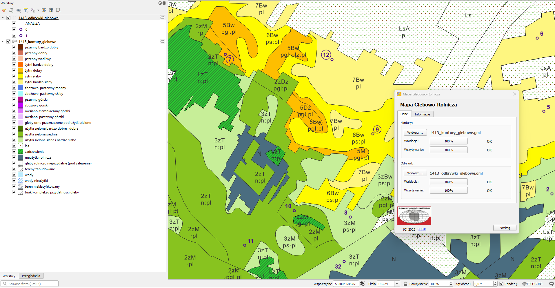 zrzut prezentuje wizualizację mapy glebowo-rolniczej 1 : 5000 za pomocą wtyczki QGIS