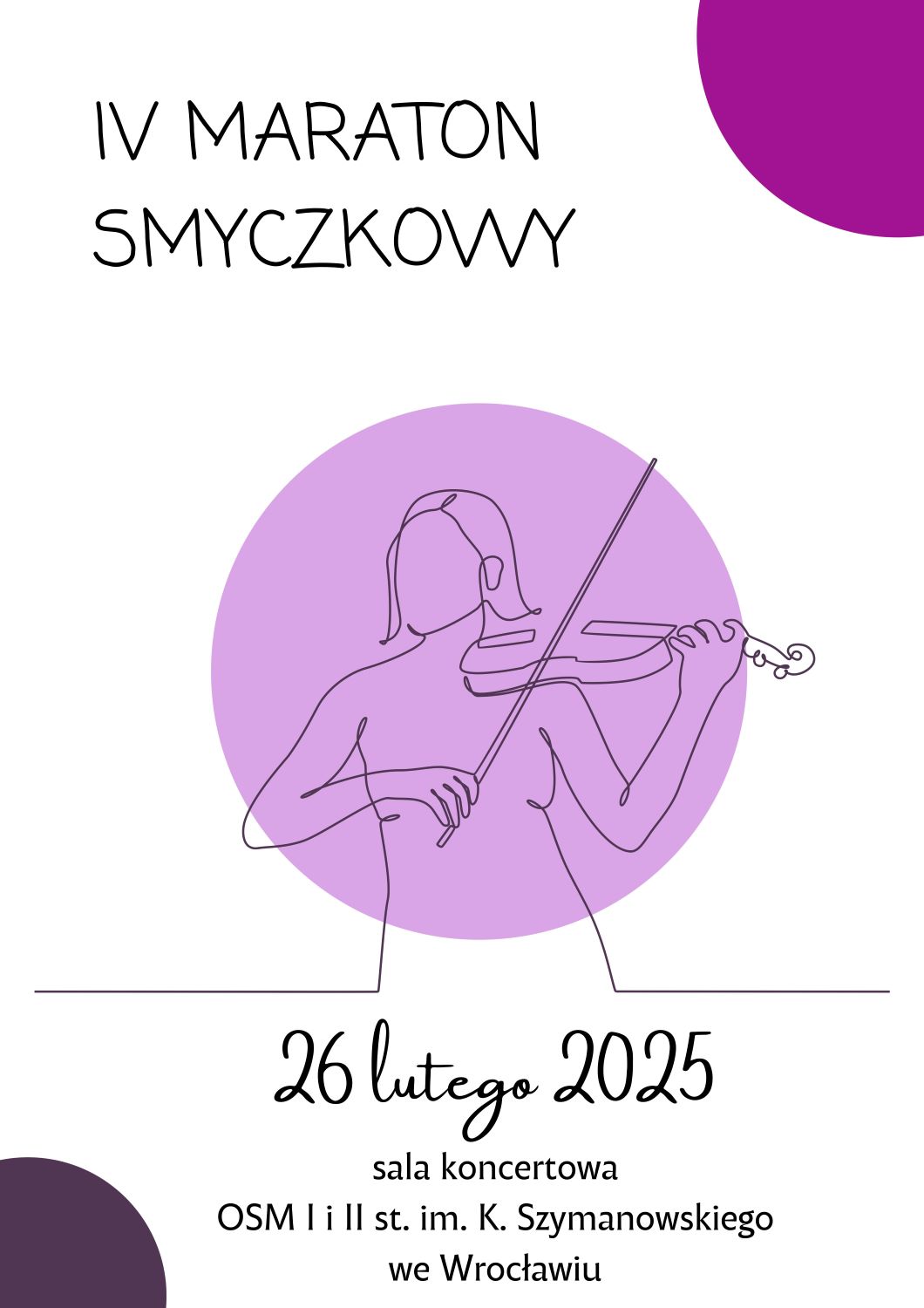 plakat zapowiadający IV Maraton smyczkowy. Zawiera stylizowaną grafikę kobiety grającej na skrzypcach.