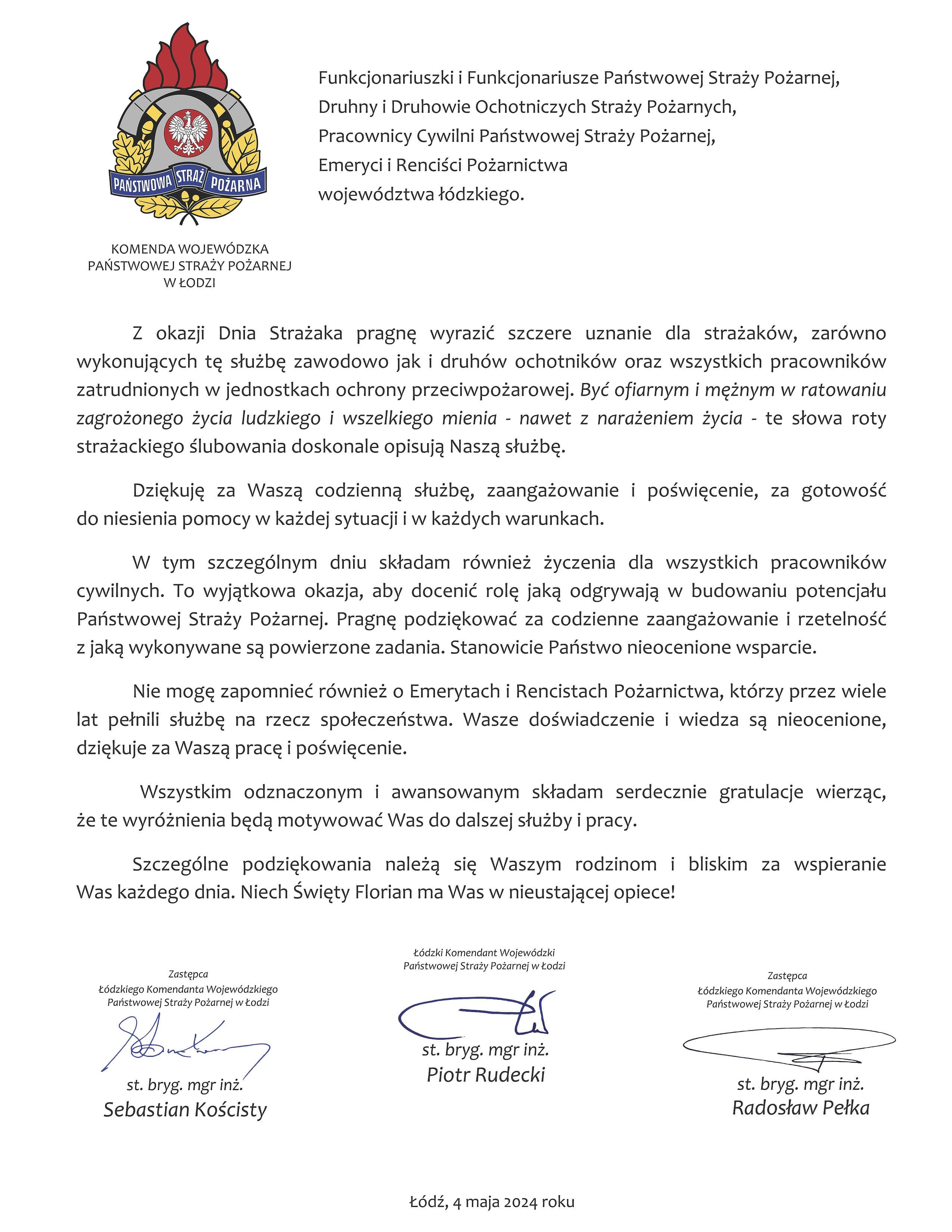 zdjęcia życzeń komendantów wojewódzkich PSP w Łodzi z okazji Dnia Strażaka