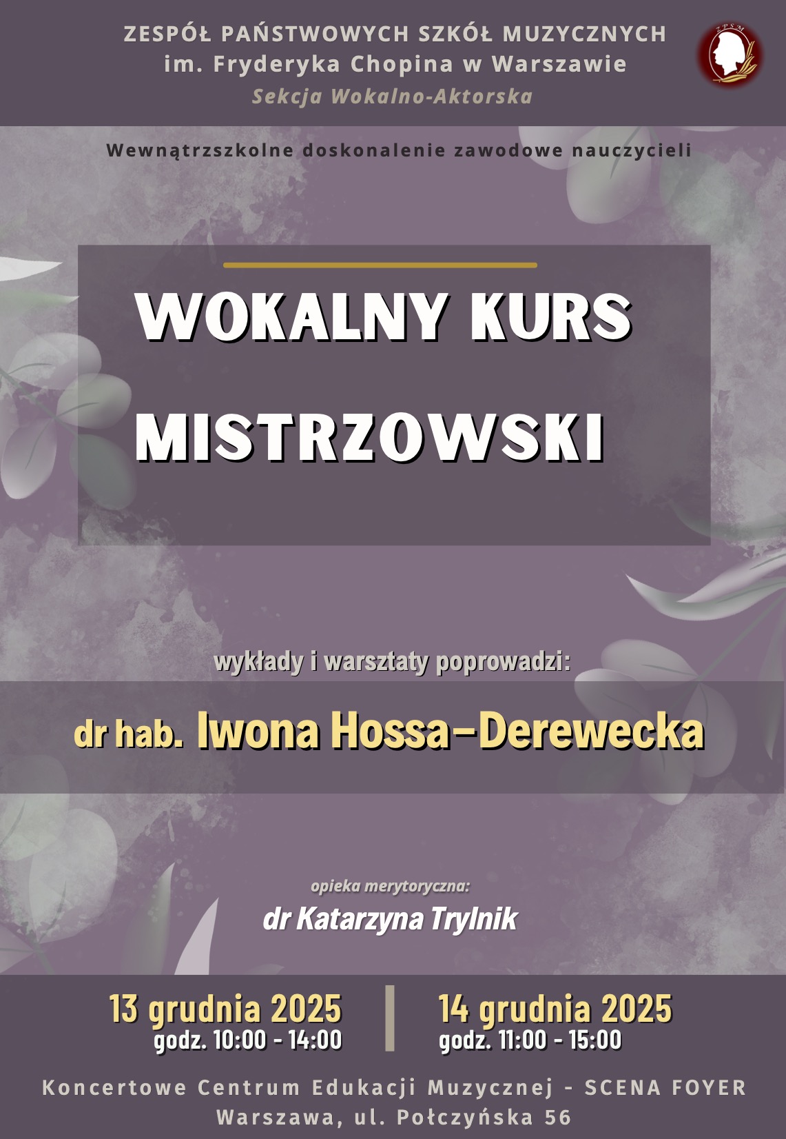 13-14.12.2025 - mistrzowski kurs wokalny - Iwona Hossa-Derewecka