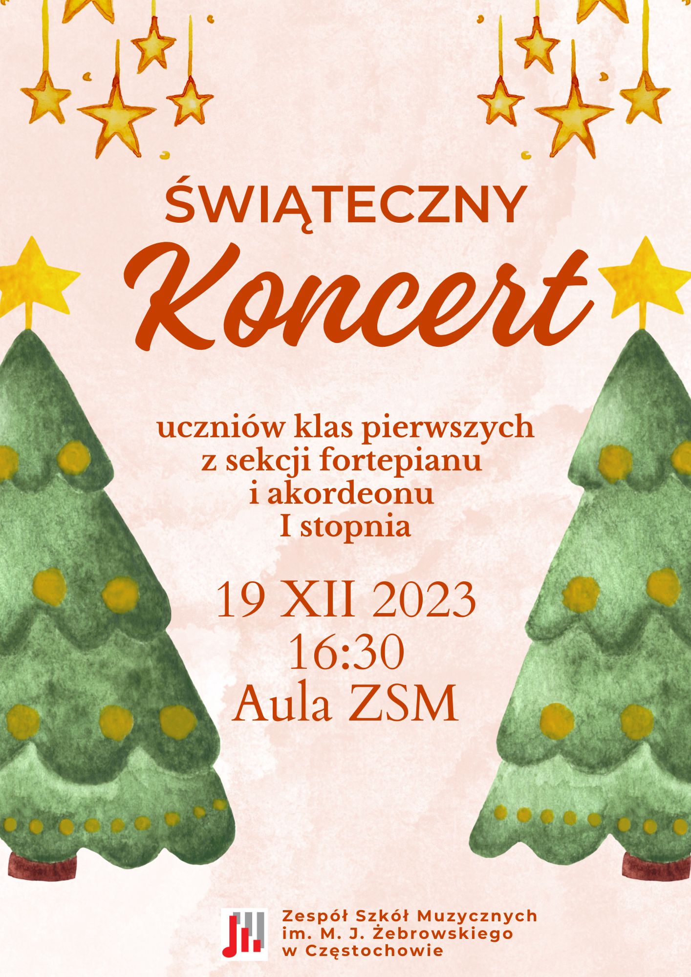 Kremowe tło, namalowane choinki i gwiazdy, informacje dotyczące koncertu świątecznego klasy fortepianu i akordeonu, 19 grudnia 2023 roku o godz. 16.30 w auli ZSM