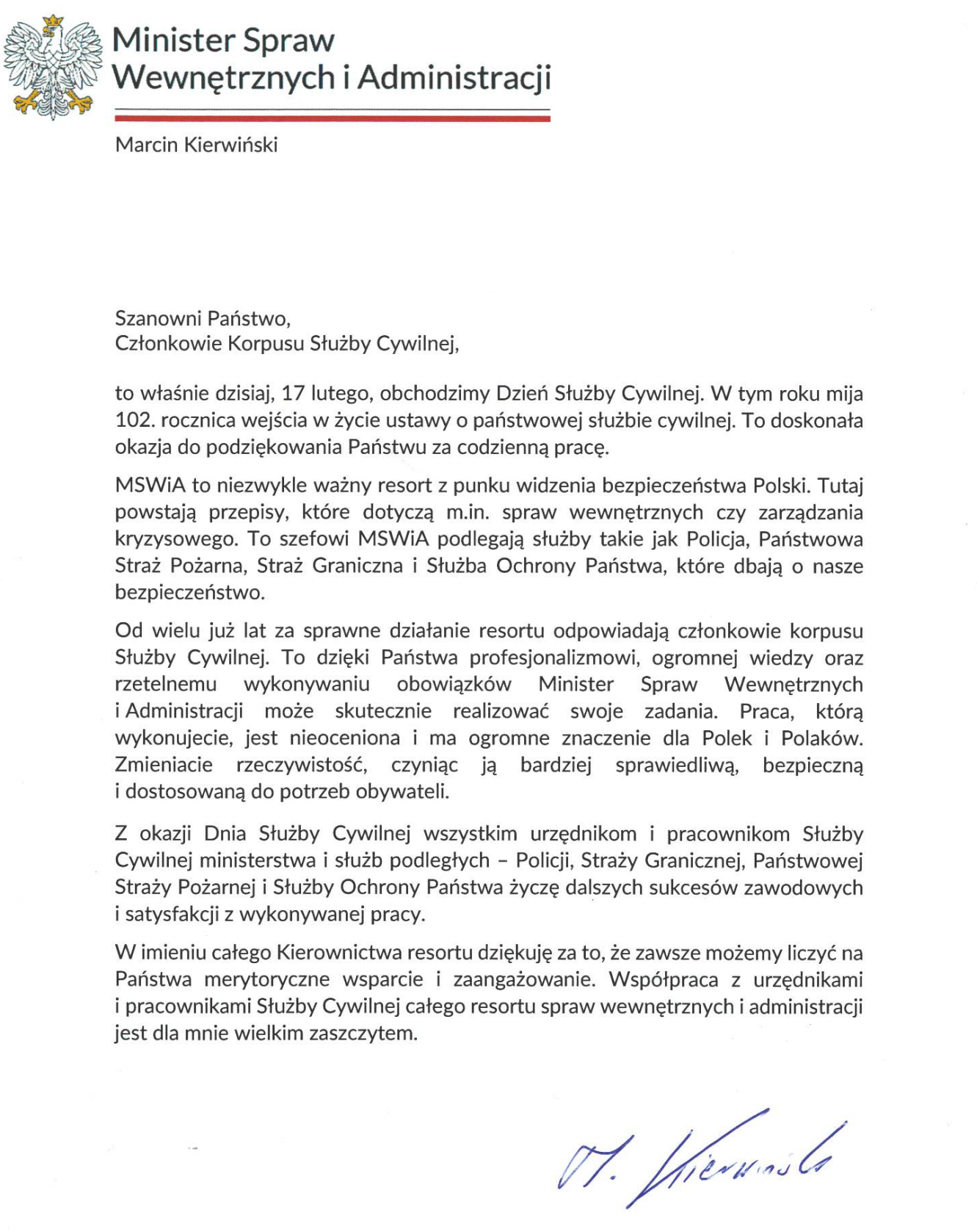List Ministra Spraw Wewnętrznych i Administracji z okazji Dnia Służby Cywilnej