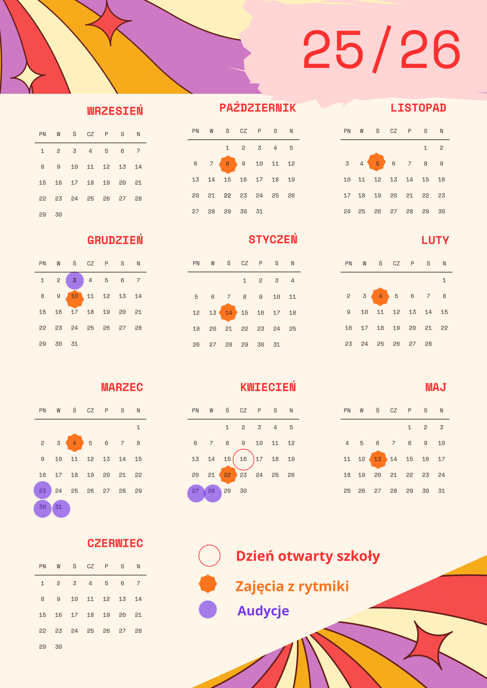 kalendarz roku 25/26 na kolorowym tle