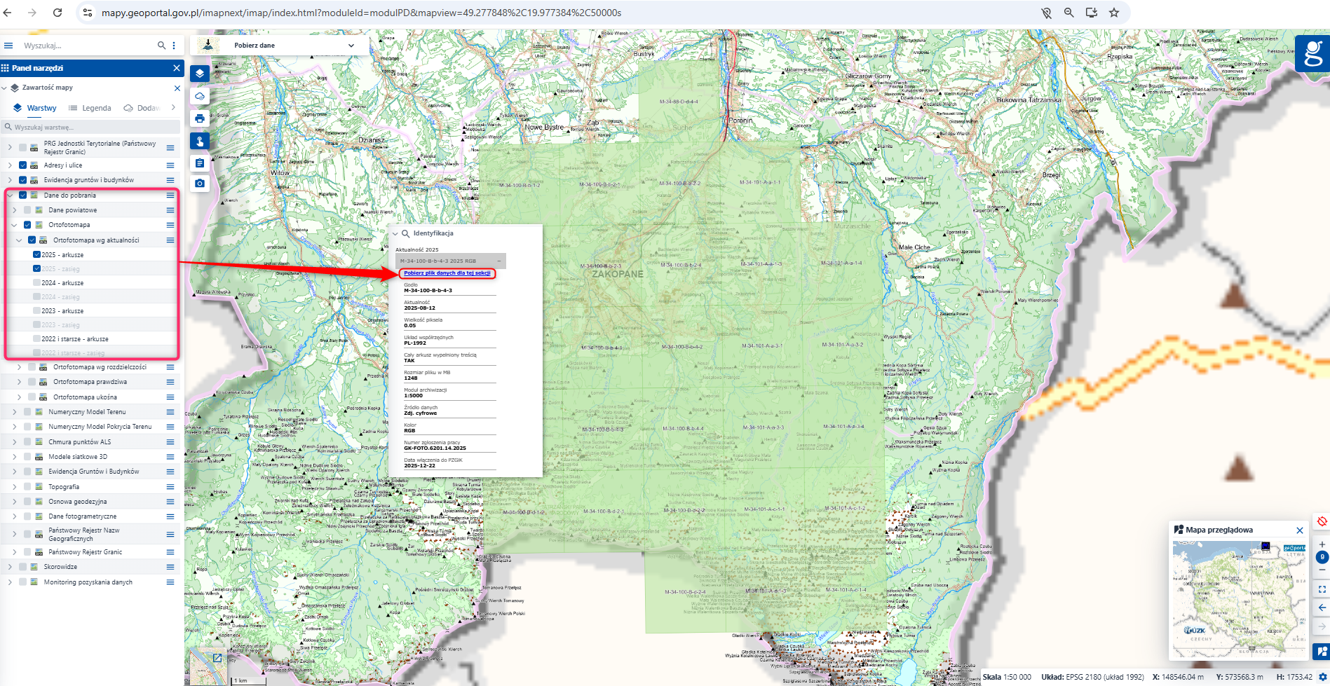 Ilustracja przedstawia zrzut ekranu w jaki sposób pobrać arkusze ortofotomapy z geoportal.gov.pl.