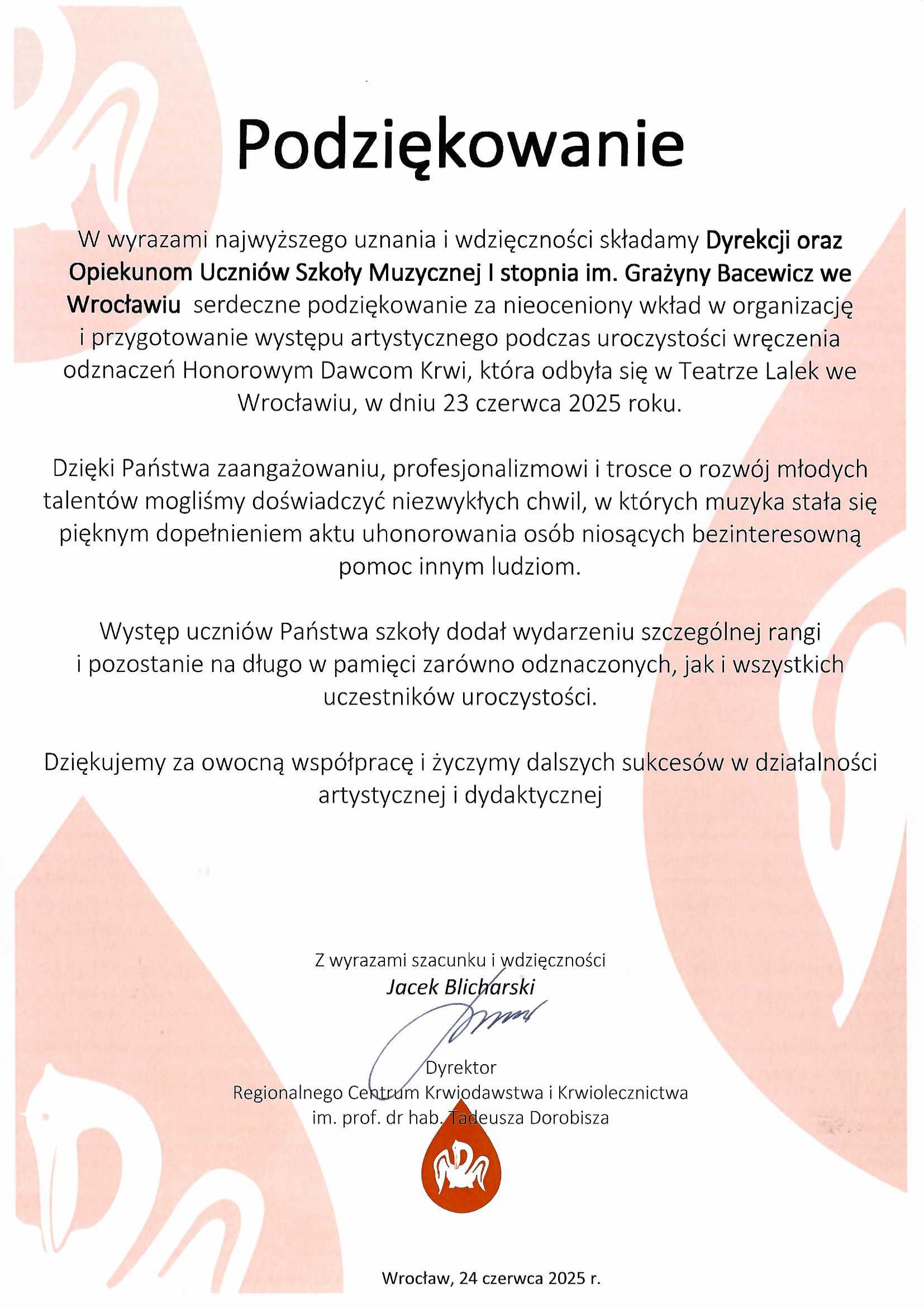 Na biało-czerwony tle tekst z podziękowaniem za występ artystyczny podczas wręczenia odznaczeń Honorowym Dawcą Krwi.