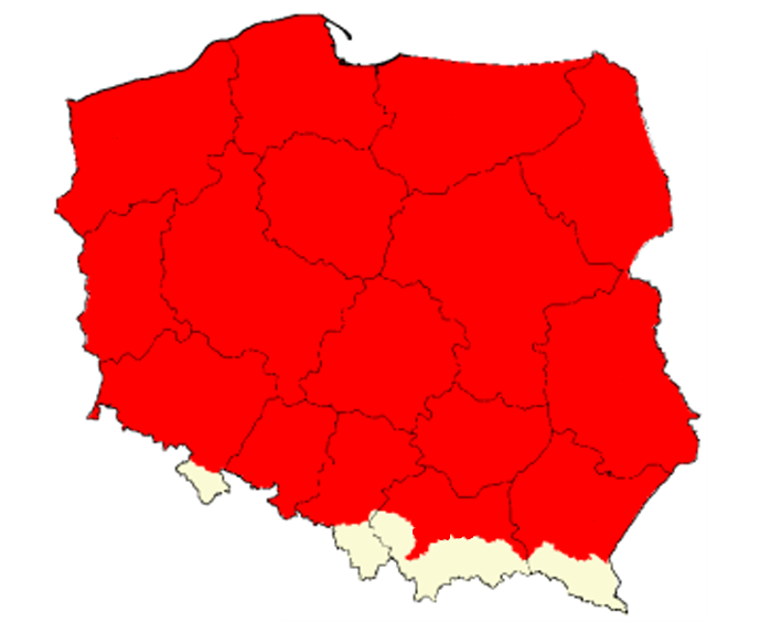 Zagrożenia pożarowe w lasach 4 maja 2026. Kolor czerwony oznacza zagrożenia duże, żółty - zagrożenia średnie, zielony - zagrożenia małe, a niebieski to brak zagrożeń. 