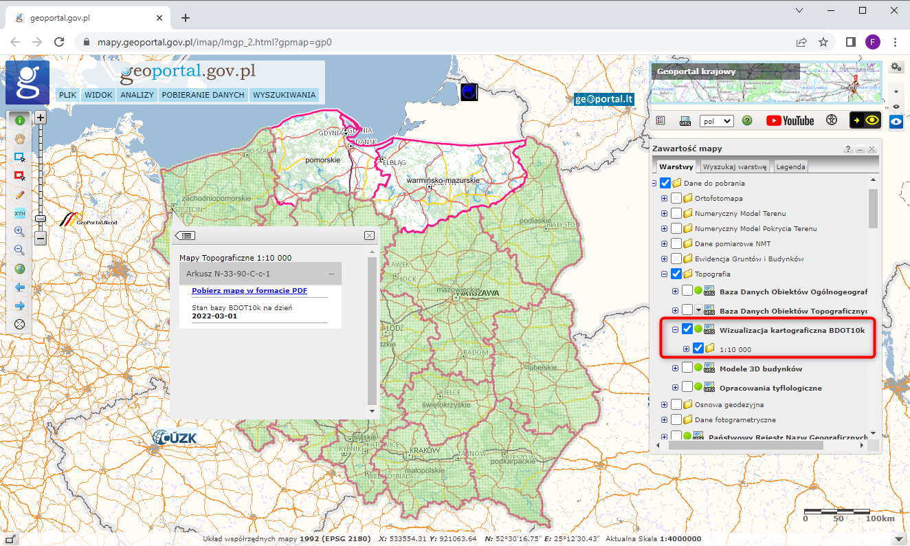 Ilustracja przedstawia zrzut ekranu z serwisu www.geoportal.gov.pl pokazujący w jaki sposób pobrać wizualizacje kartograficzne BDOT10k.