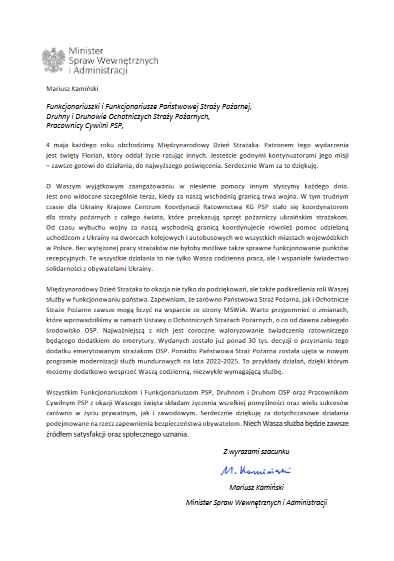 Życzenia MSWiA dla Strażaków