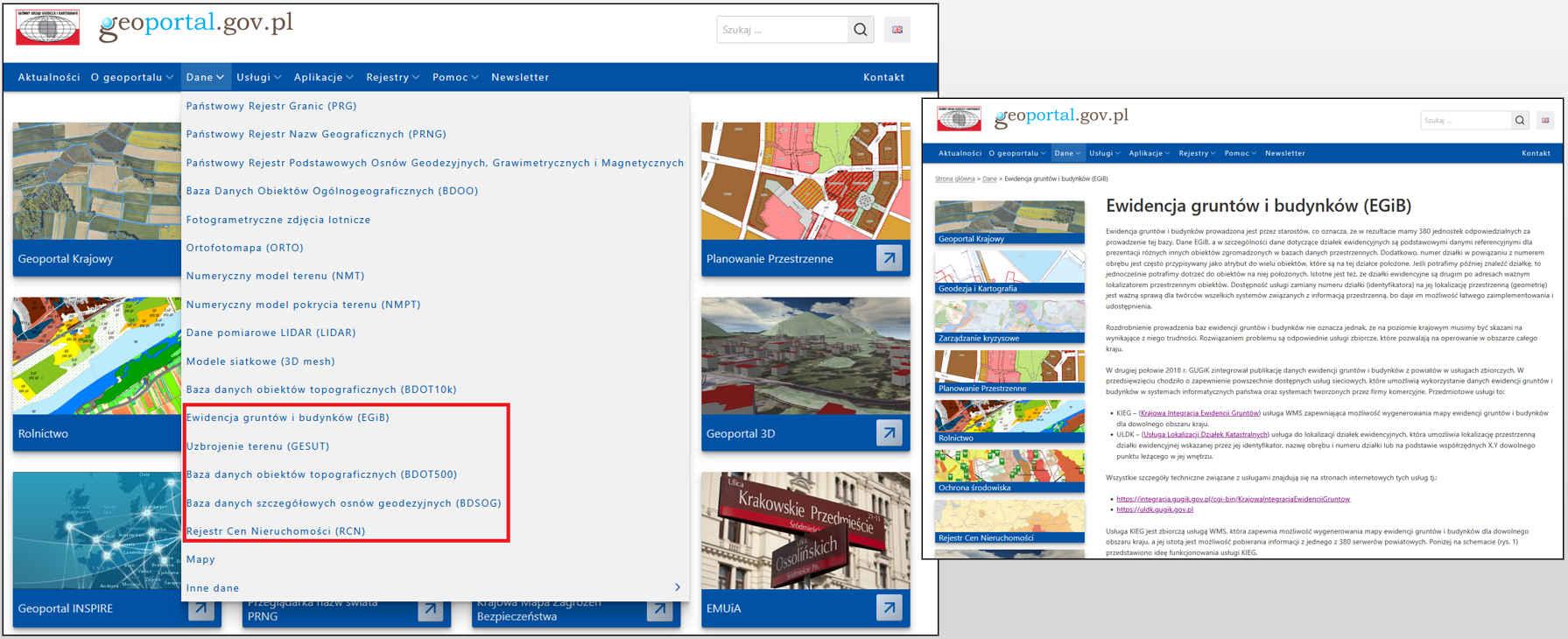 zrzut prezentujący stronę geoportalu krajowego, na której zamieszczono opis usług integracyjnych.