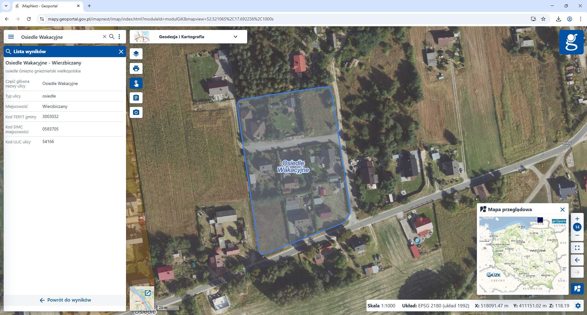 Zrzut ekranu z www.geoportal.gov.pl pokazujący Osiedle Wakacyjne w Wierzbiczanach