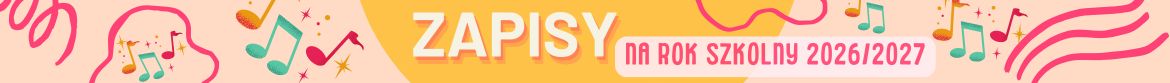 Zapisy na rok szkolny 2026/2027 grafika nutki kolorowe, gwiazdki, tło pomarańczowo-żólte